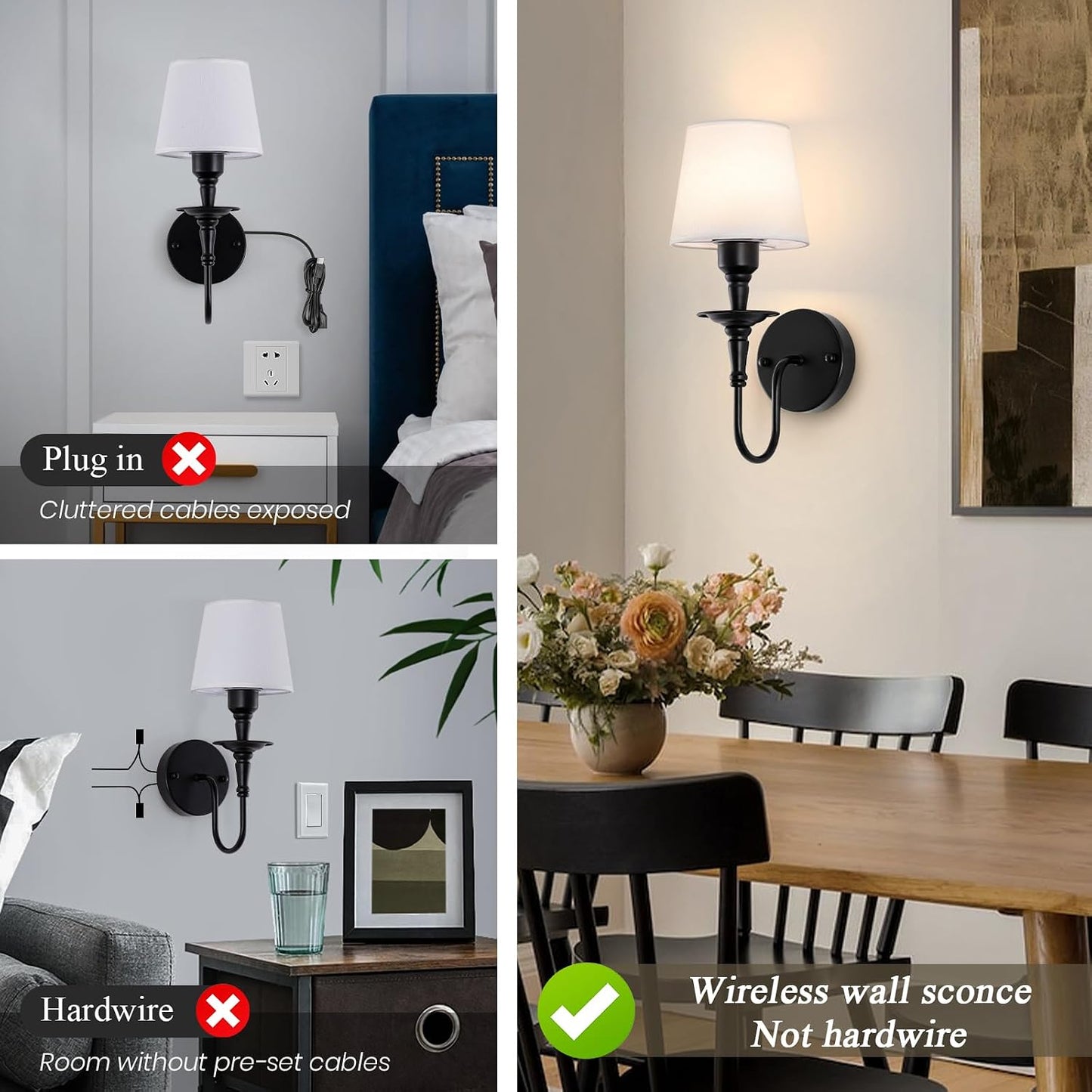 Vintage Wall Sconces Set of 2, Wireless Wall Lamp with RGB Rechargeable Dimmable Bulbs, Black Battery Operated Wall