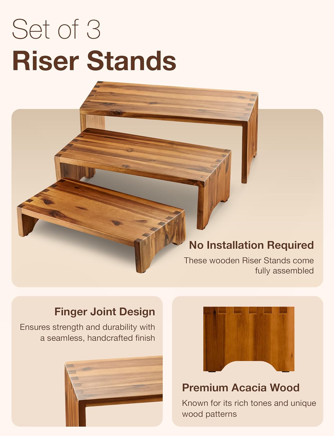 Tidita Wooden 3 Tier Cupcake Stand, Riser Display Stand with Non-Slip Pads | Set of 3 Size ,Solid Acacia Wood, No