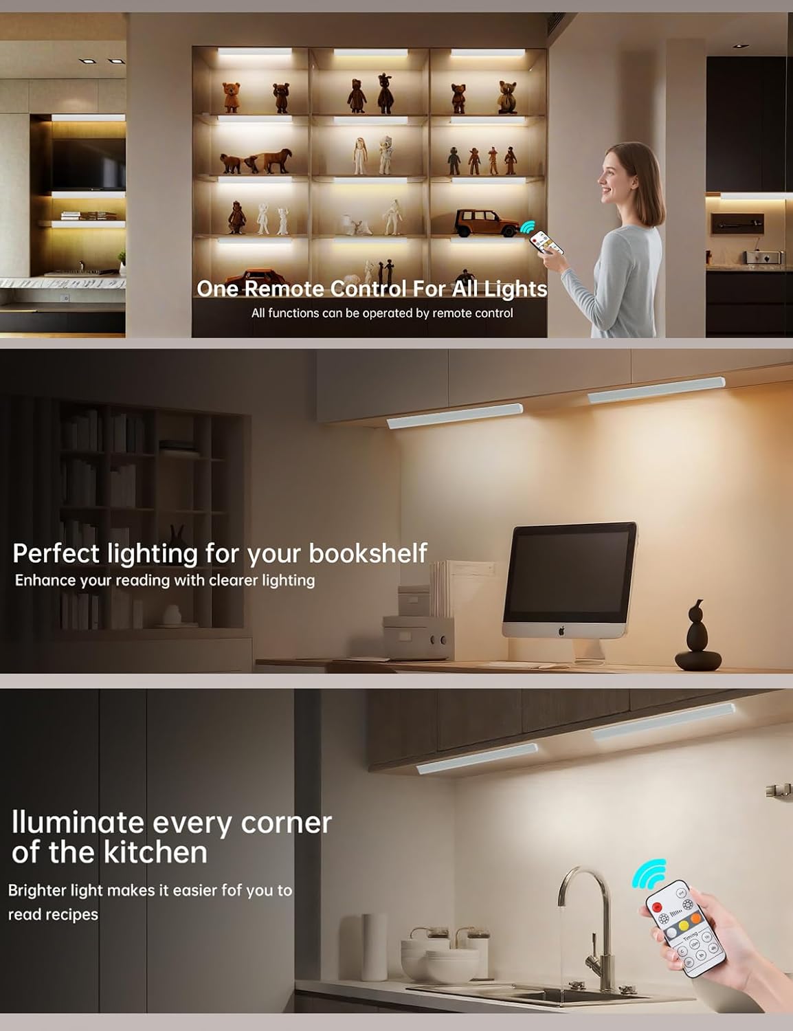 LED Under Cabinet Lighting Wireless, 2400mAh Rechargeable Cabinet Light, Battery Operated, Display Cabinet Lights