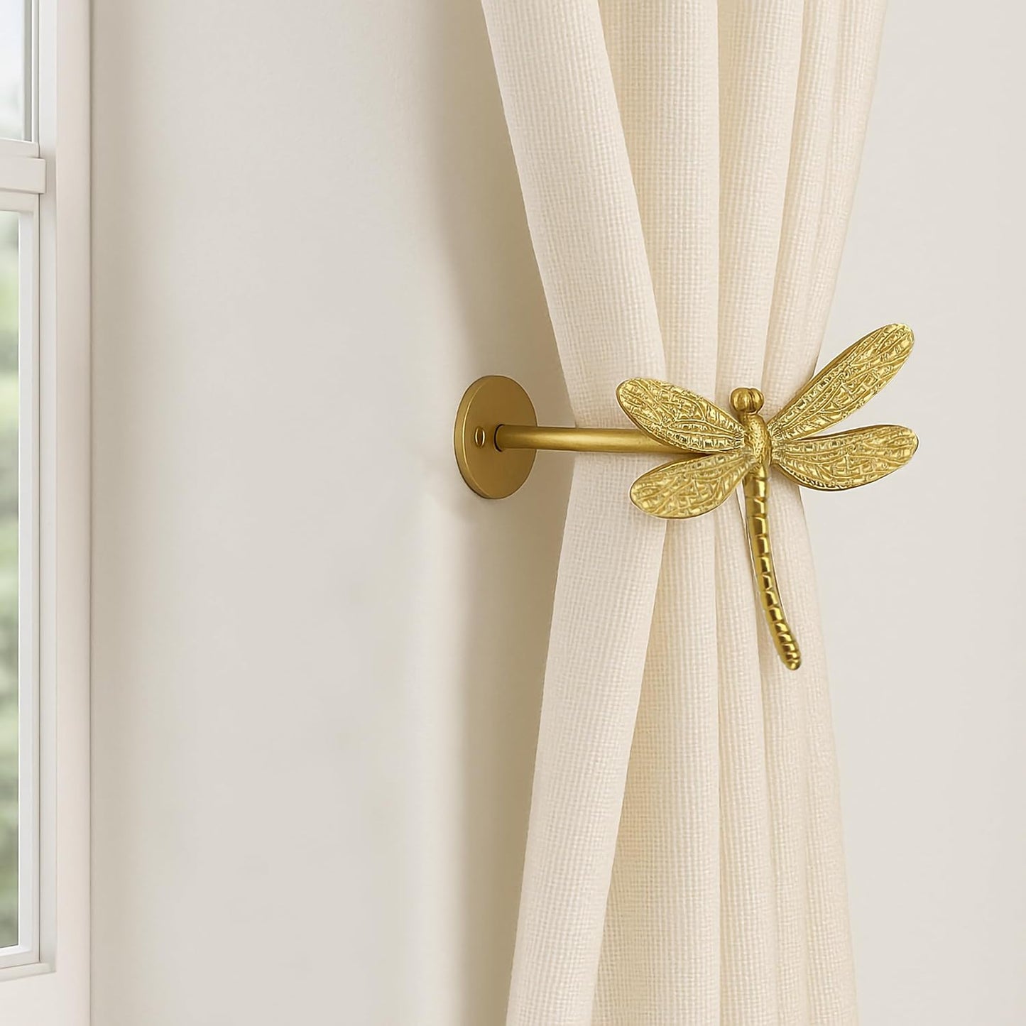Set of 2 Dragonfly Curtain Holdbacks, Swag Holders for Windows, Antique Brass Curtain Tieback Wall Hook Pull Backs for
