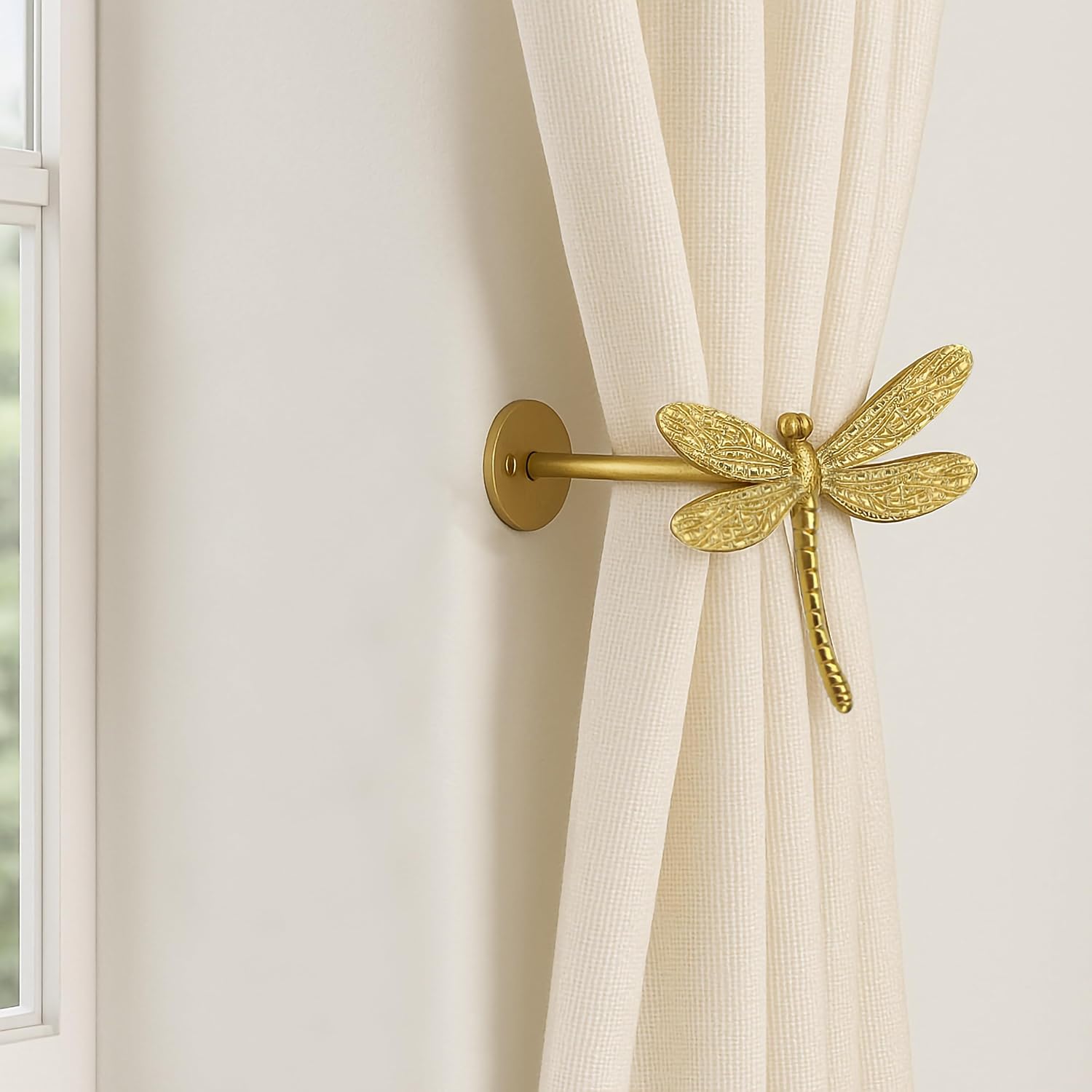 Set of 2 Dragonfly Curtain Holdbacks, Swag Holders for Windows, Antique Brass Curtain Tieback Wall Hook Pull Backs for