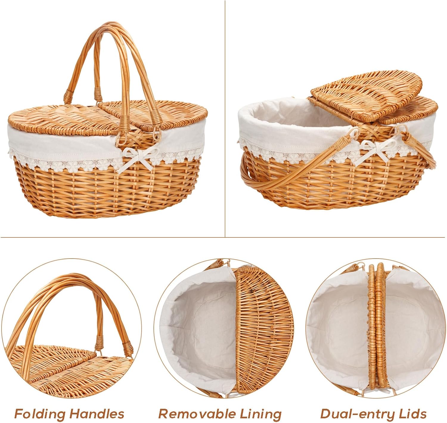 Wicker Picnic Basket / Cream Liner W/willow Lid