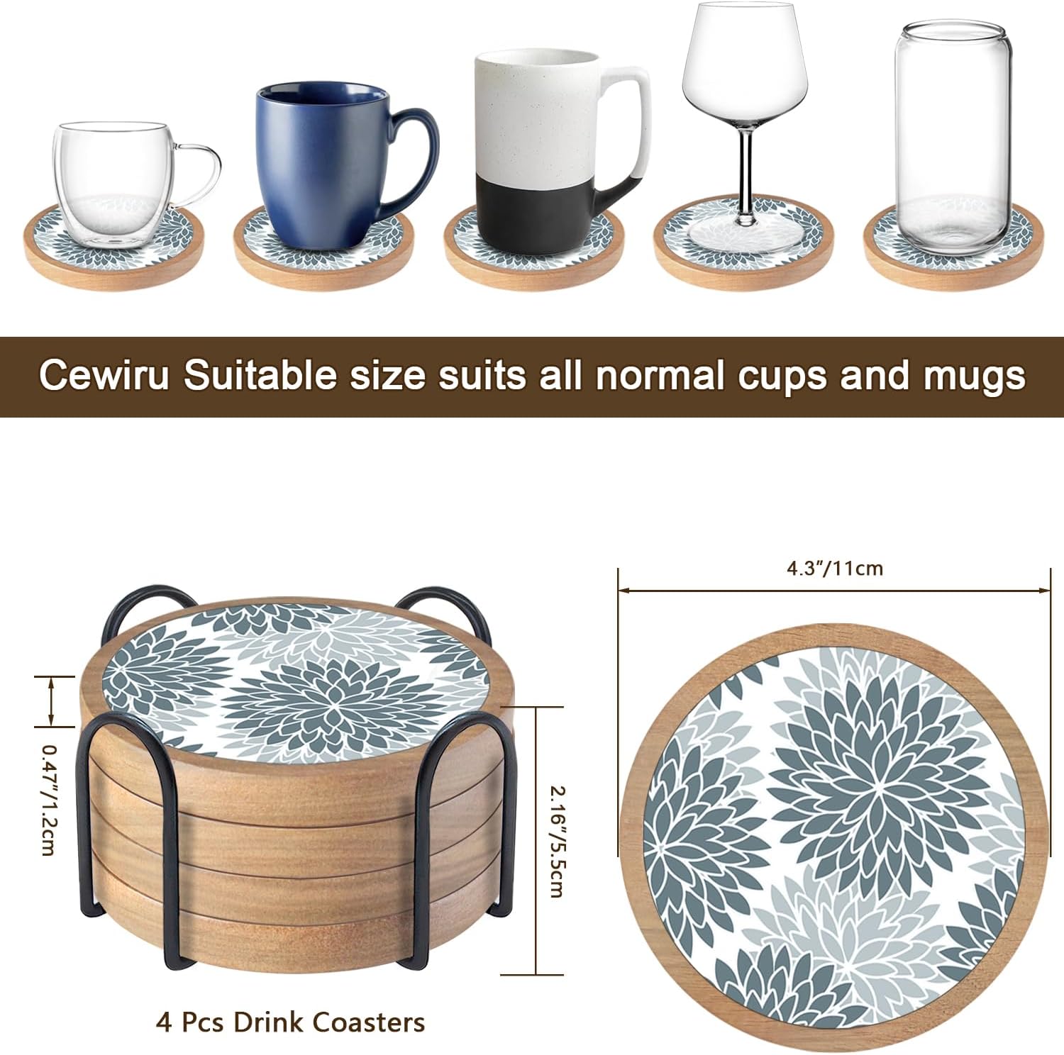 Holder / Cup Mat for Drinks / 4 Grey Dahlia / Set of 4