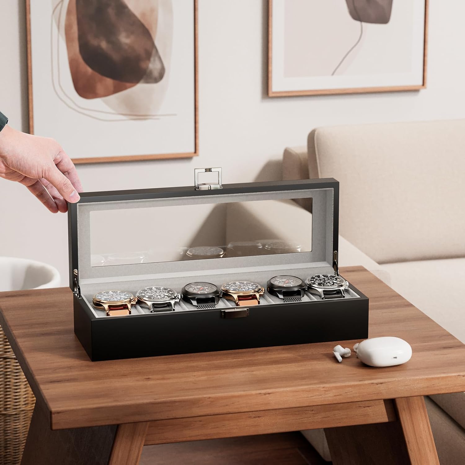 ProCase Wooden Watch Box, 6 Slot Mens Watch Display Case, MatteBlack | Wood Watches Holder Storage Organizer with Clear