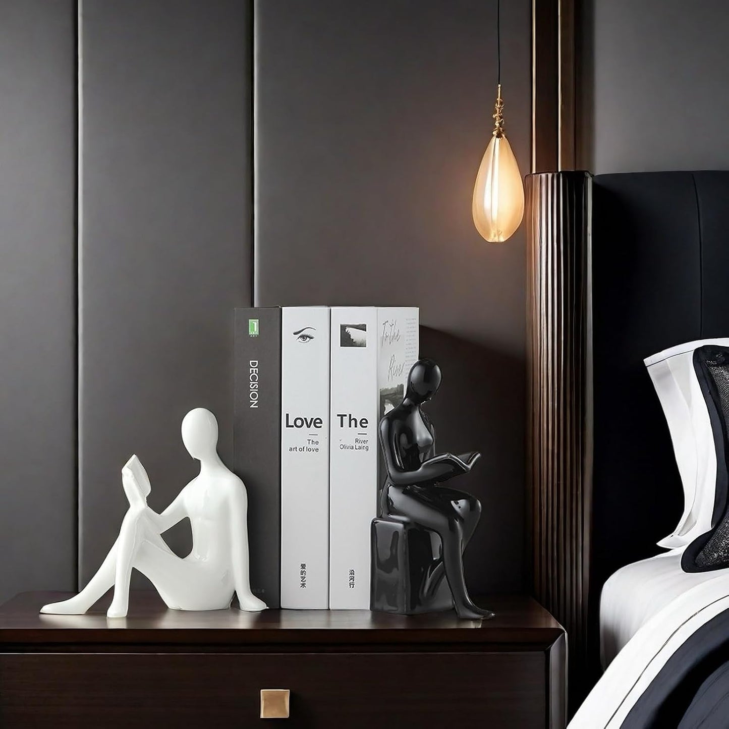 Home Decorative Reading Couple Statue Bookends Elegant Ceramic Bookshelf Room / Black and White
