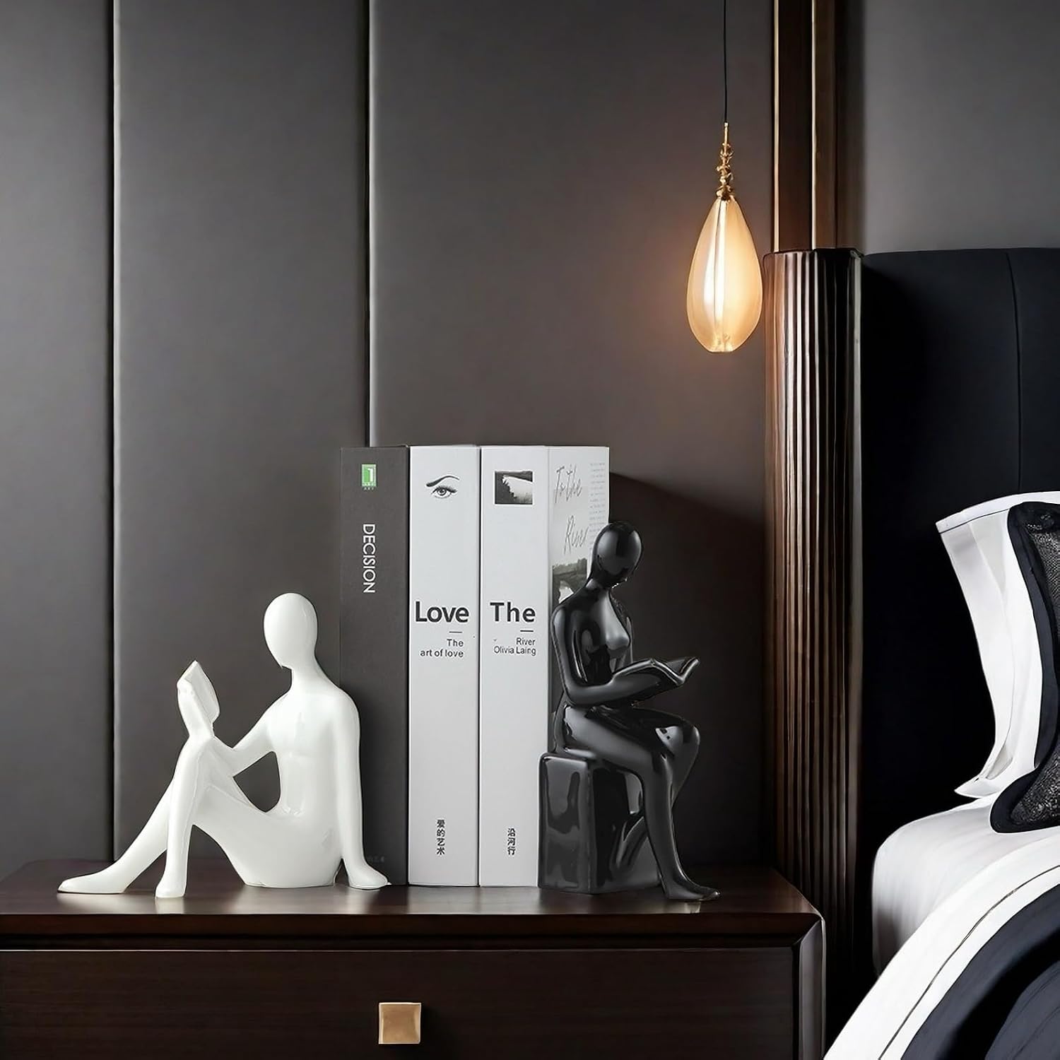 Home Decorative Reading Couple Statue Bookends Elegant Ceramic Bookshelf Room / Black and White