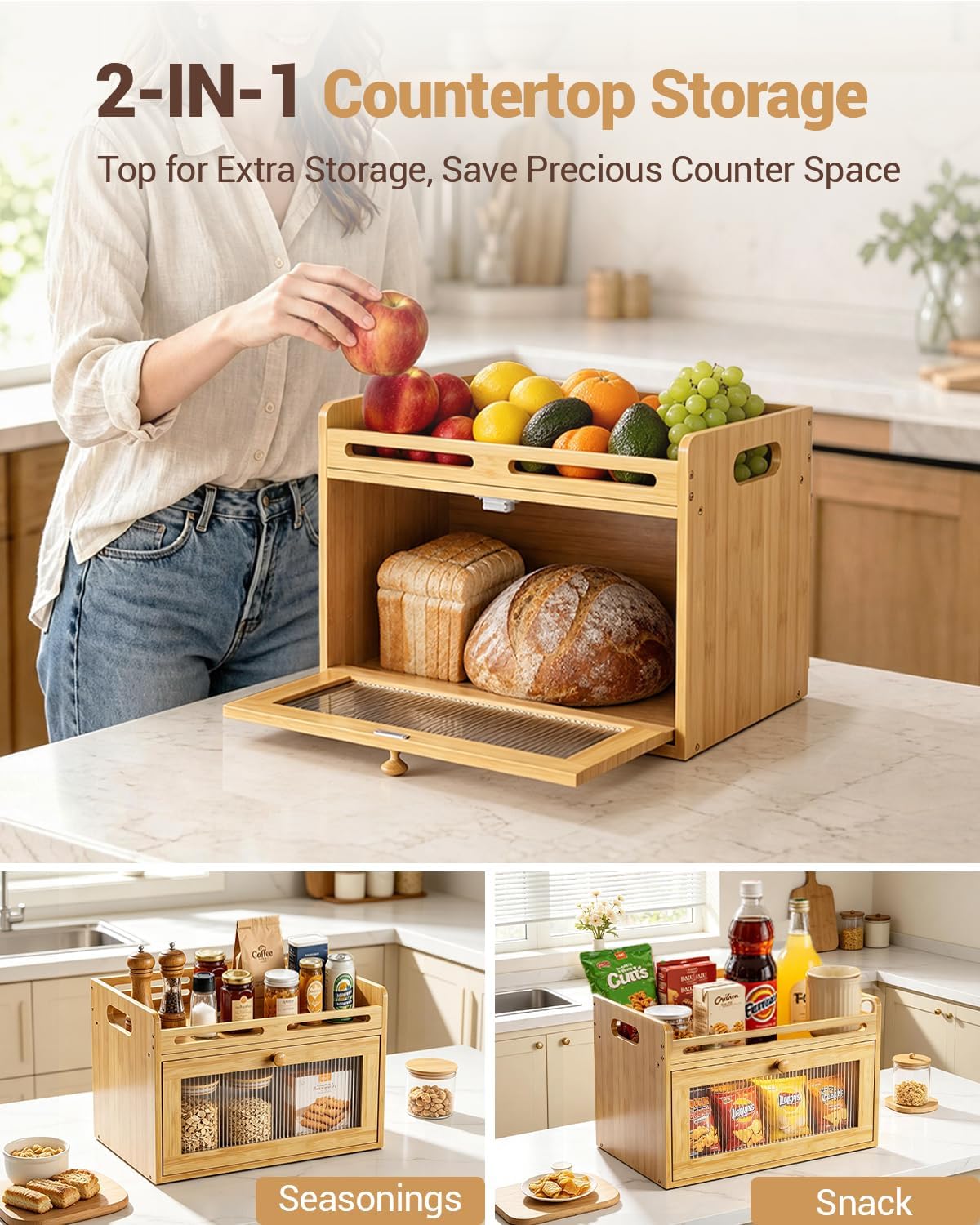 Bread Box for Kitchen Countertop, Bamboo Storage with Raised Top Shelf | Acrylic Window, Rear Vents, Magnetic Closure