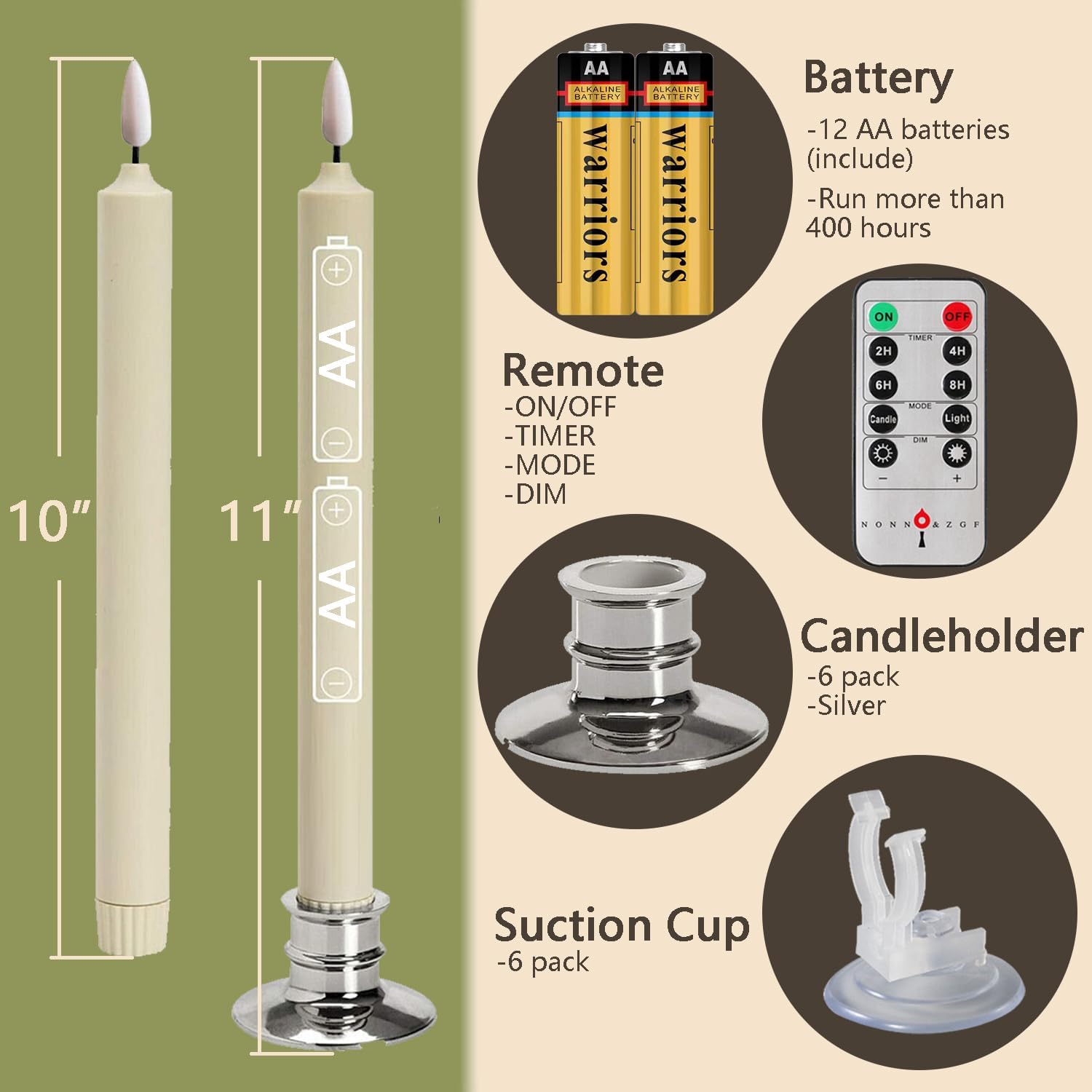 6 Pack LED Windows Candles with 12 AA Batteries(Include,Run More Than 400 Hours) + 6 Silver Removable Candlesticks + 6