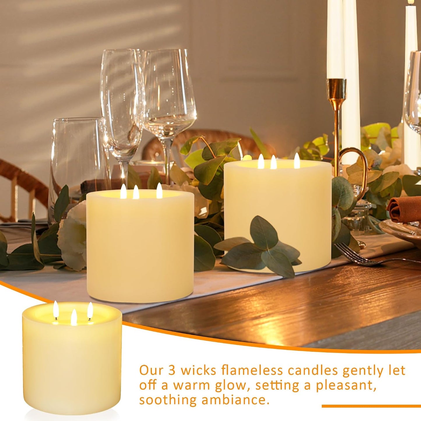 Extra Large Flameless Candles with 3 Wicks, 6"x6" Real Wax Battery Operated Candles with Remote and Timer, Flickering