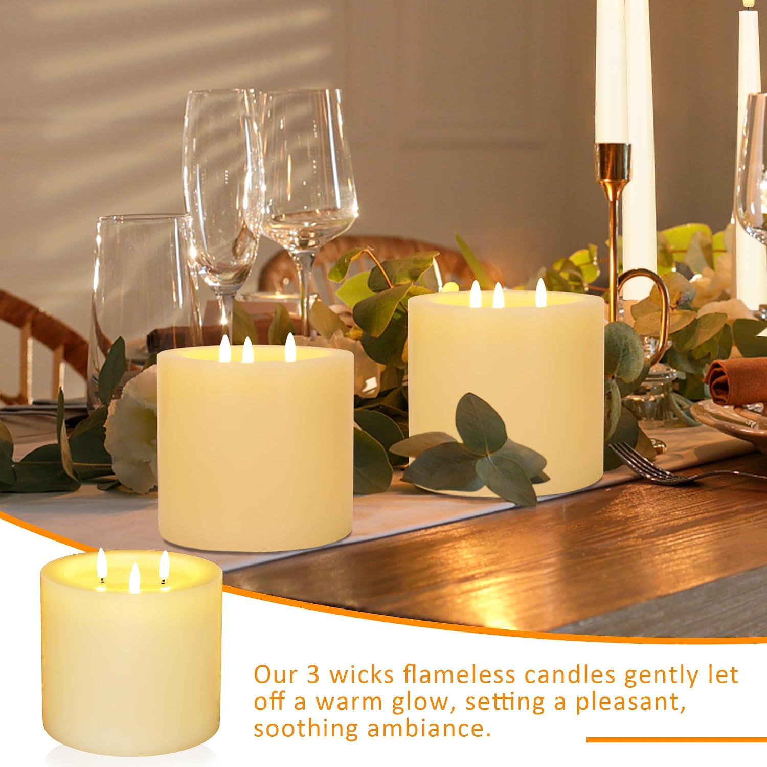 Extra Large Flameless Candles with 3 Wicks, 6"x6" Real Wax Battery Operated Candles with Remote and Timer, Flickering