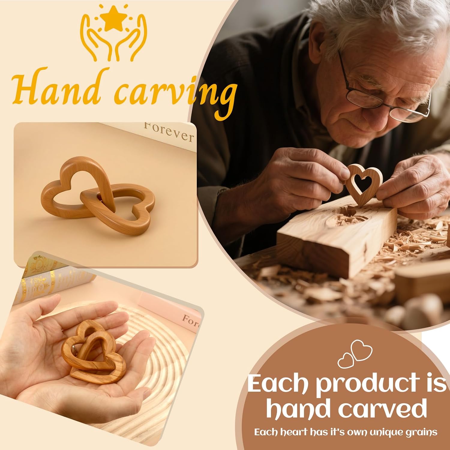 interlinked Olive Wood Hearts / Medium