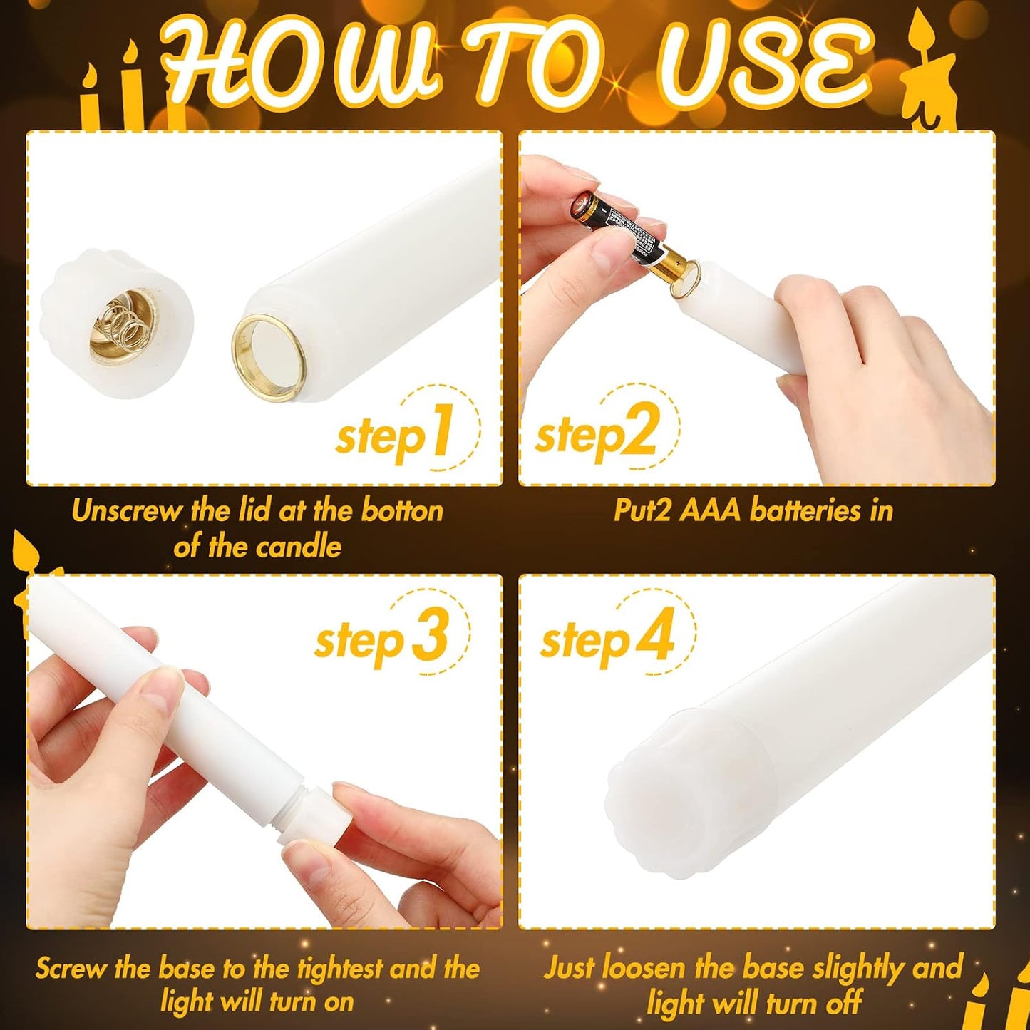 Fumete 24 Pack Flameless Taper Candles with Remote Timer, 3D Flame,White | Realistic Flickering Effect, Golden Base