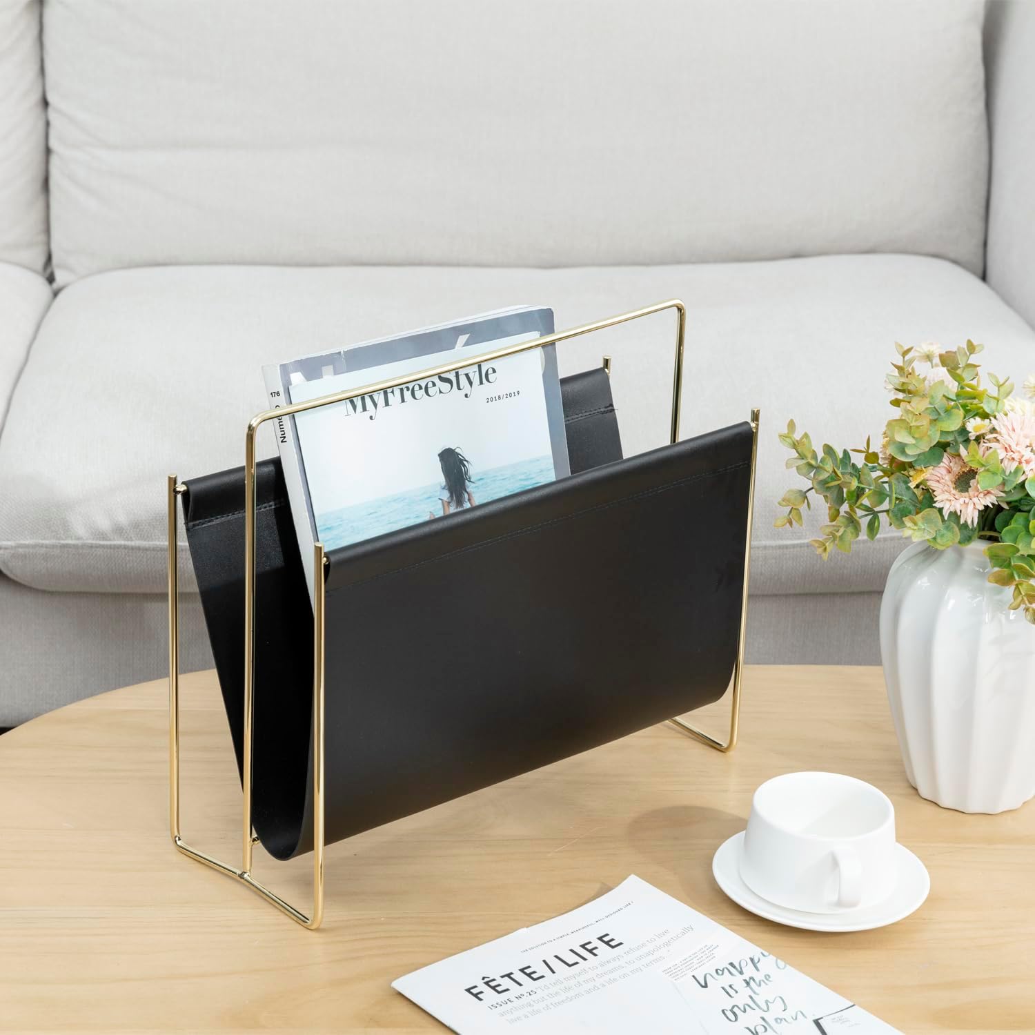 MyGift 15-Inch Modern Black Leatherette & Brass Plated Metal Magazine Holder – Floor Standing Faux Leather Sling Style
