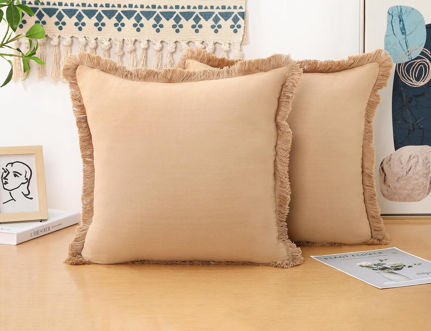 Linen Fringed Throw Pillow Covers / Khaki / 18 x 18 / Natural / Set of 2