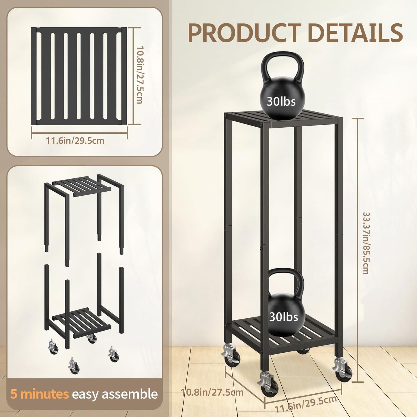 LASZOLA Plant Stand Shelf Indoor Outdoor Tall Corner, 2 Tier Metal Black | Iron Flower Holder with Wheels for Large