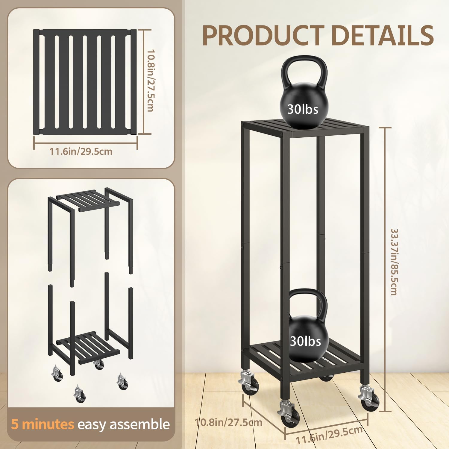 LASZOLA Plant Stand Shelf Indoor Outdoor Tall Corner, 2 Tier Metal Black | Iron Flower Holder with Wheels for Large