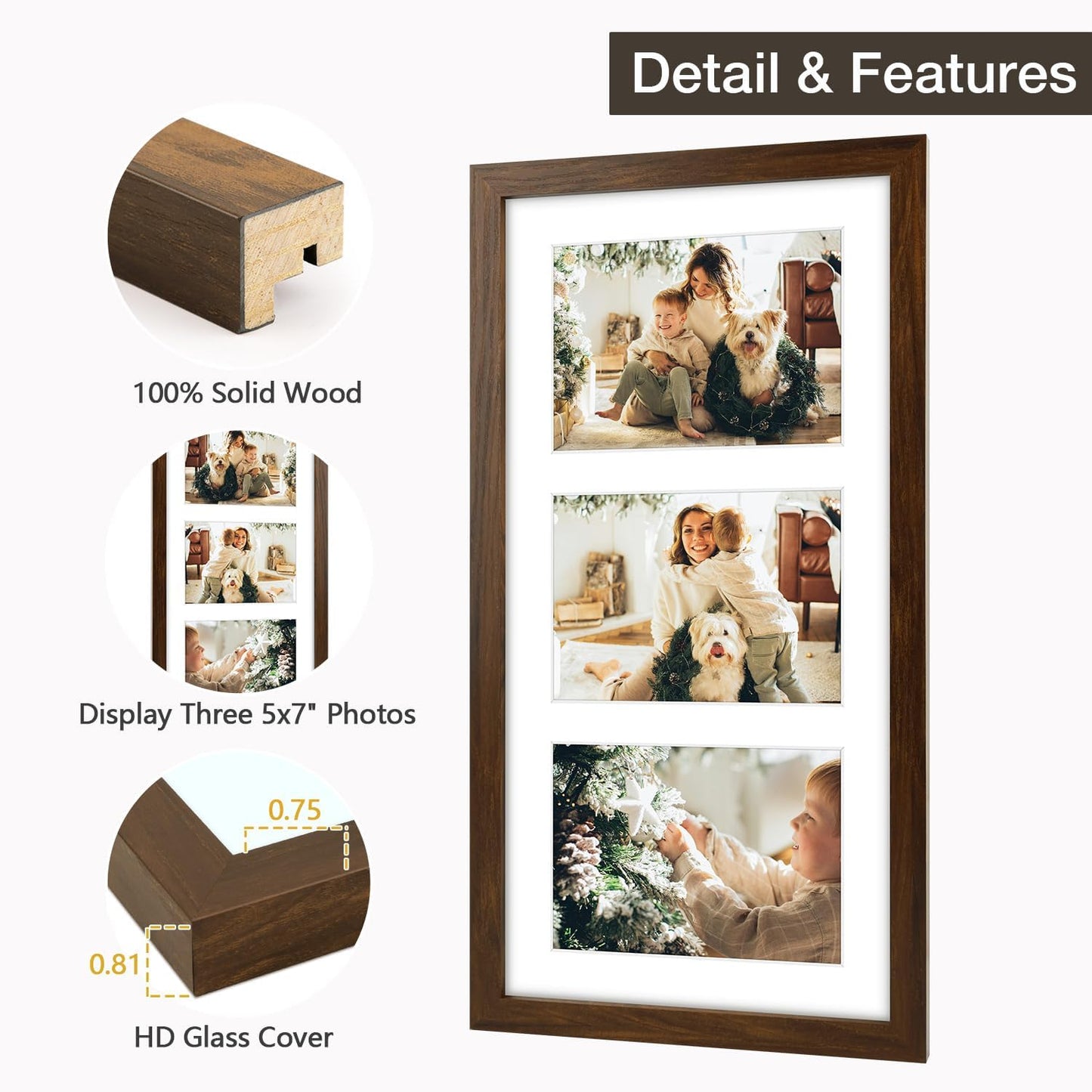 Golden State Art Three 5x7 Collage Picture Frame - Solid Wood with Tempered Glass - Multi Picture Frame Display Three