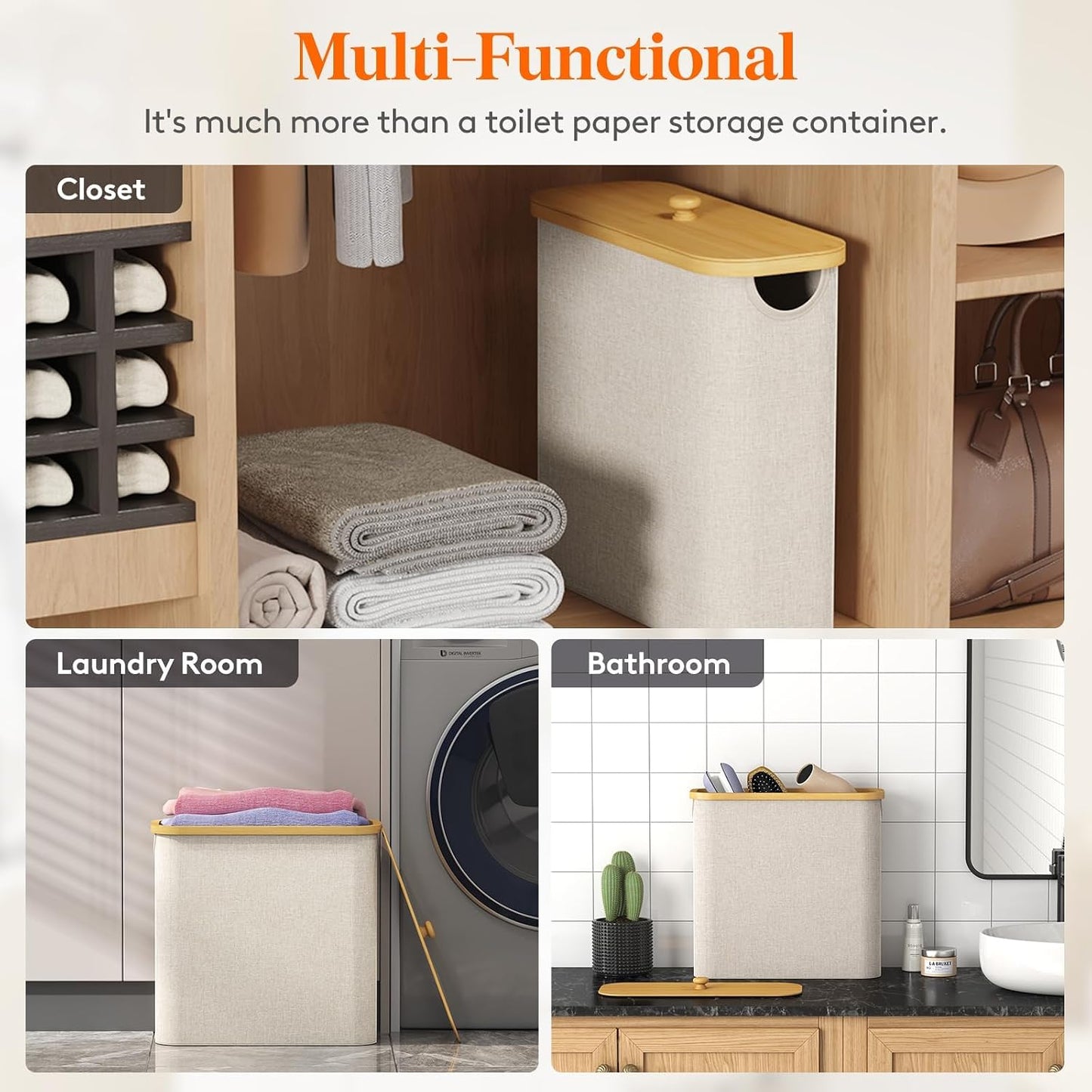 Lifewit Toilet Paper Storage Holder, Large Stand Basket, 23L, Beige | 9 to 12 Rolls, Large Paper Stand with Bamboo Lid