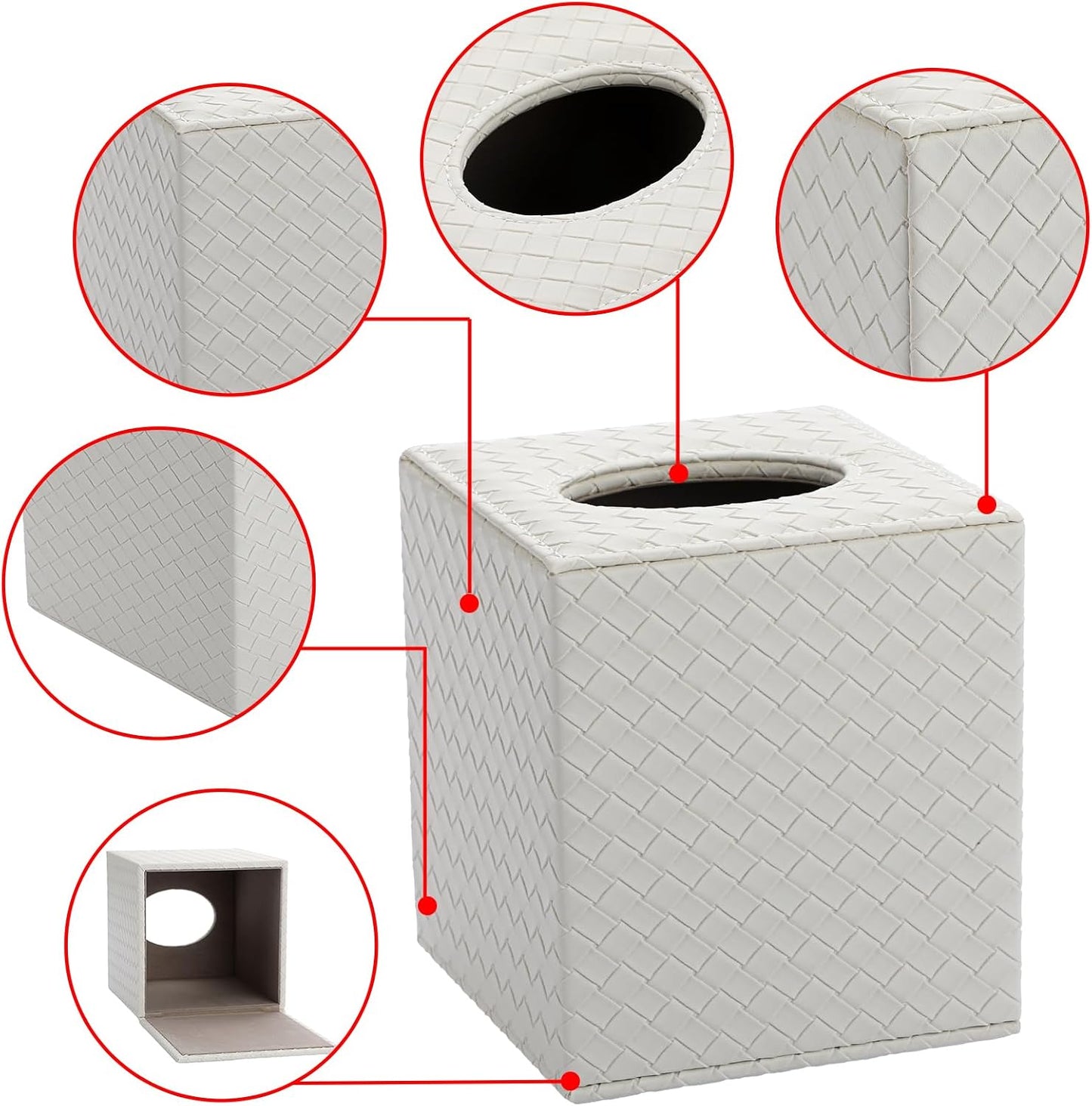 Tissue Box Cover Square Tissue Box Stylish PU Woven Lozenge Pattern Tissue Box Holder / White