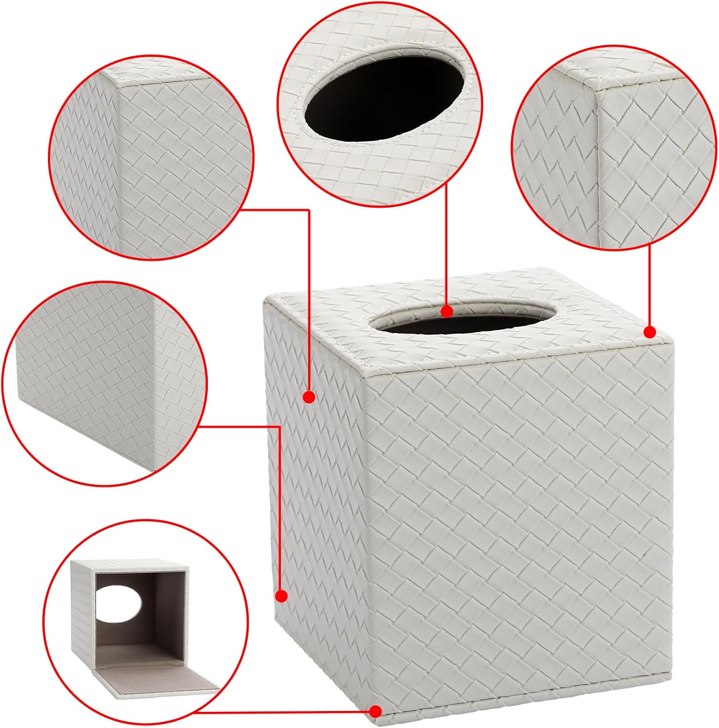 Tissue Box Cover Square Tissue Box Stylish PU Woven Lozenge Pattern Tissue Box Holder / White