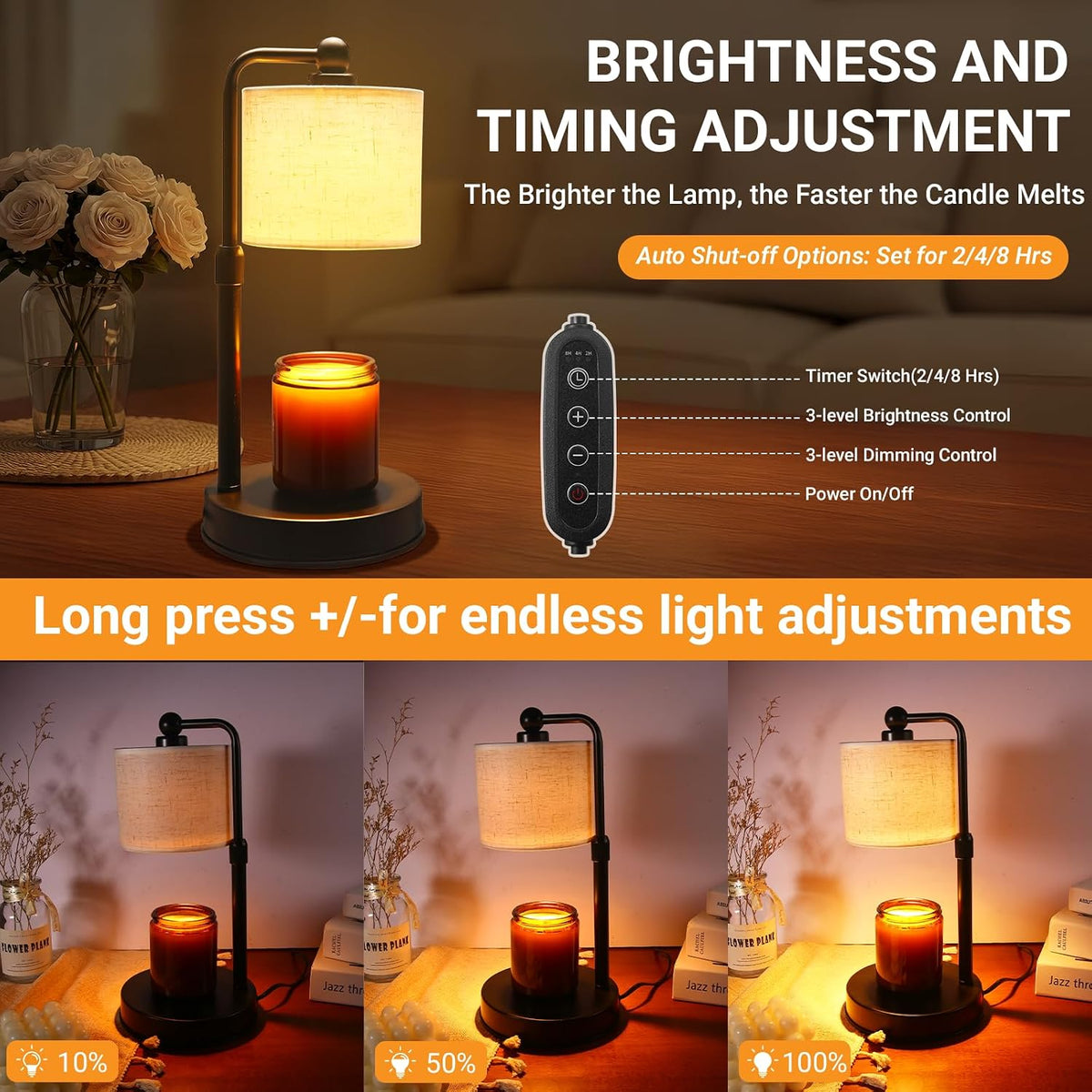 2 Pack Candle Warmer Lamp with Timer - Dimmable & Height Adjustable, Flame-Free Wax Warmer for Safe Use with Jar