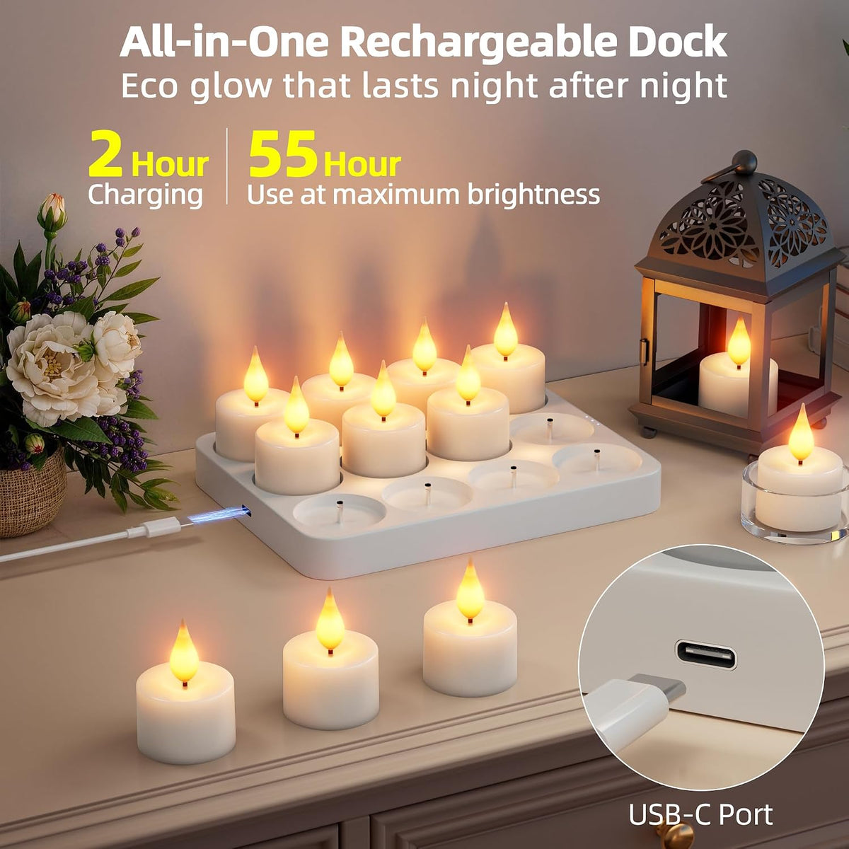 Rechargeable Flameless Tea Lights Candles with Remote Charging Base 12Pcs | Battery Operated Tea light with Timer, LED
