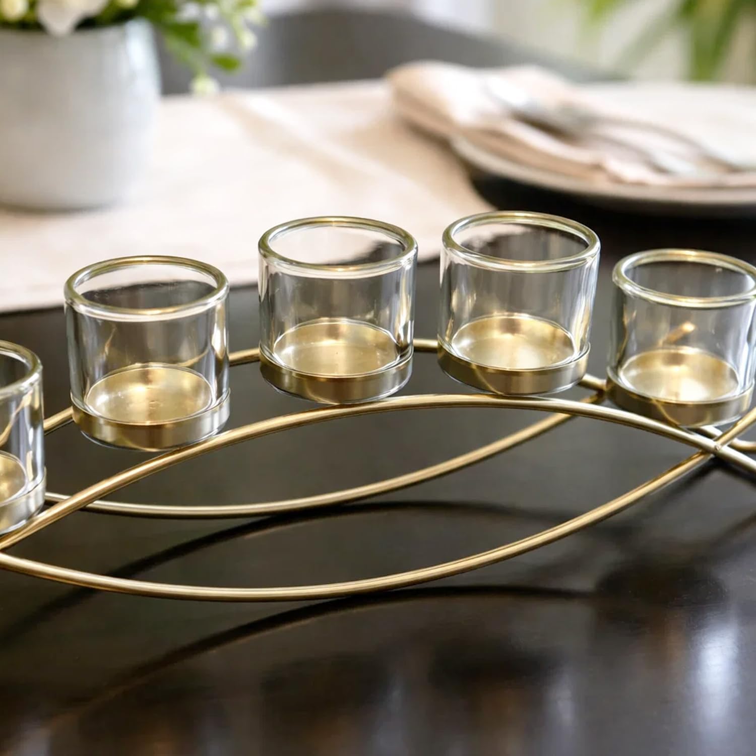 Centerpieces for Tables, Dining Room Candle Holder Decor, Gold | Votive Candle Holders, Wrought Iron 5 Cup Candelabra