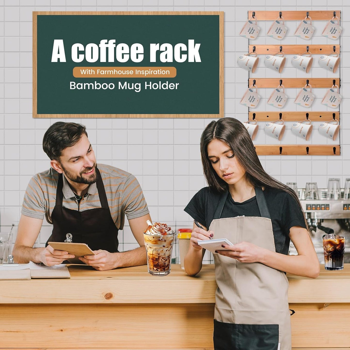 Wall Mounted Coffee Mug Holder, Large 5 Tier Shelf with 20 Hooks for Cups, Rustic Wooden Display Rack for Kitchens