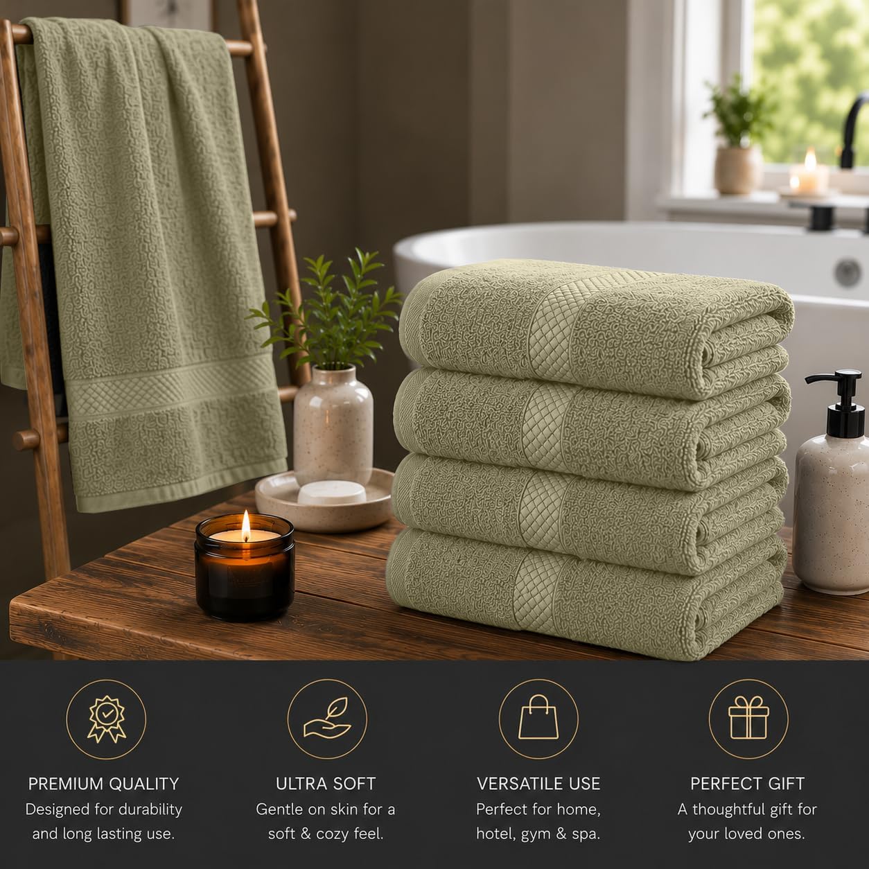 DAN RIVER 600 GSM Cotton Large Bath Towels Set of 4, 27 x 54 Inches, Beige | Larger & Lighter Weight Towels for
