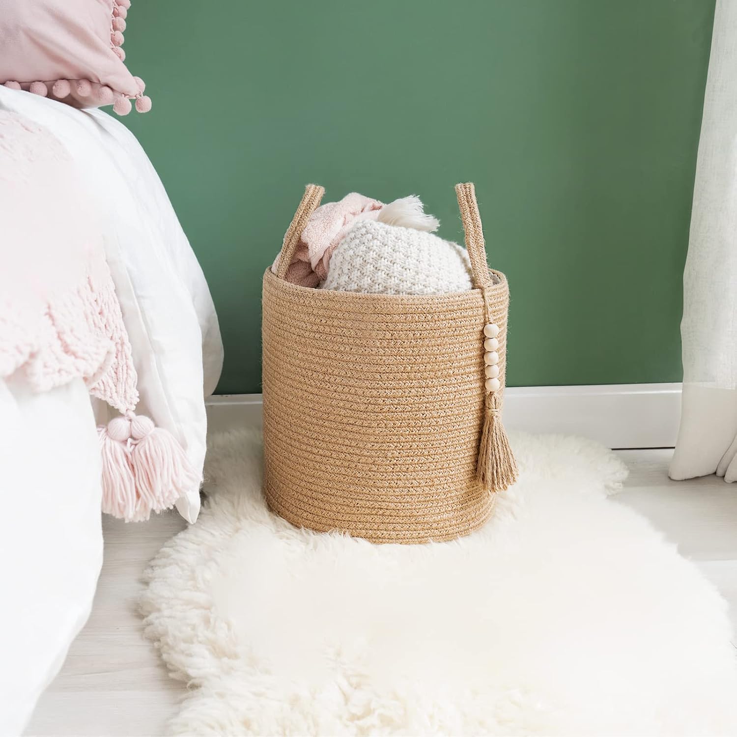 Woven Storage Basket Decorative Natural Rope Basket Wooden Bead Decoration / Brown / 11"W x 11"L