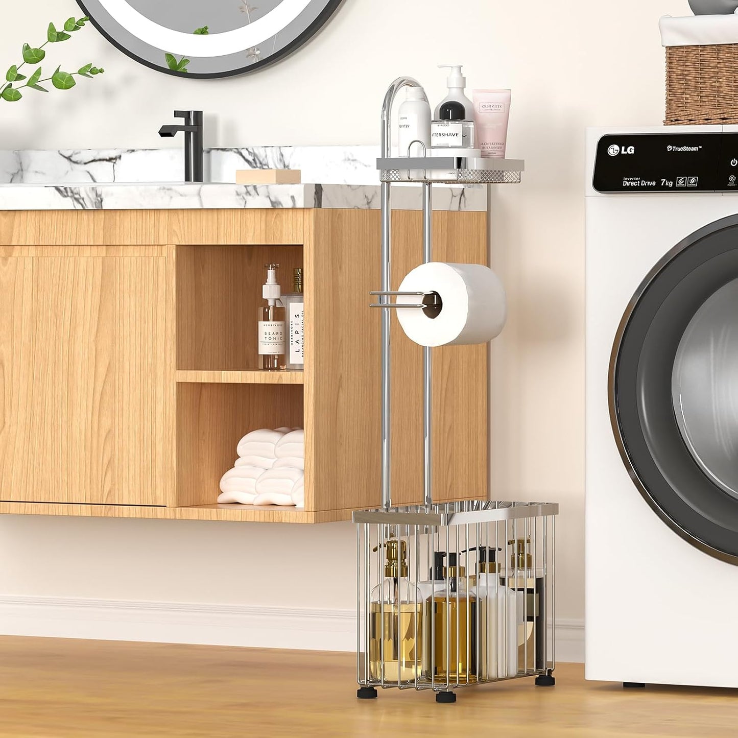 Freestanding Toilet Paper Holder Toilet Tissue Rack Scroll Stand Roll Dispenser with Storage Shelf Reserve for Phone