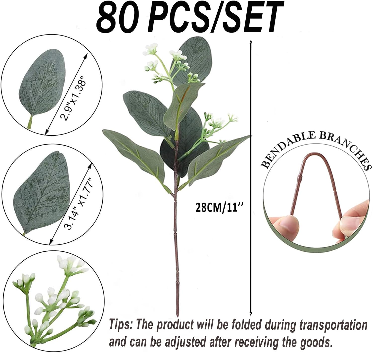 Artificial Leaves Seeded Eucalyptus Greenery Faux Plant Branches / Silver / Set of 80