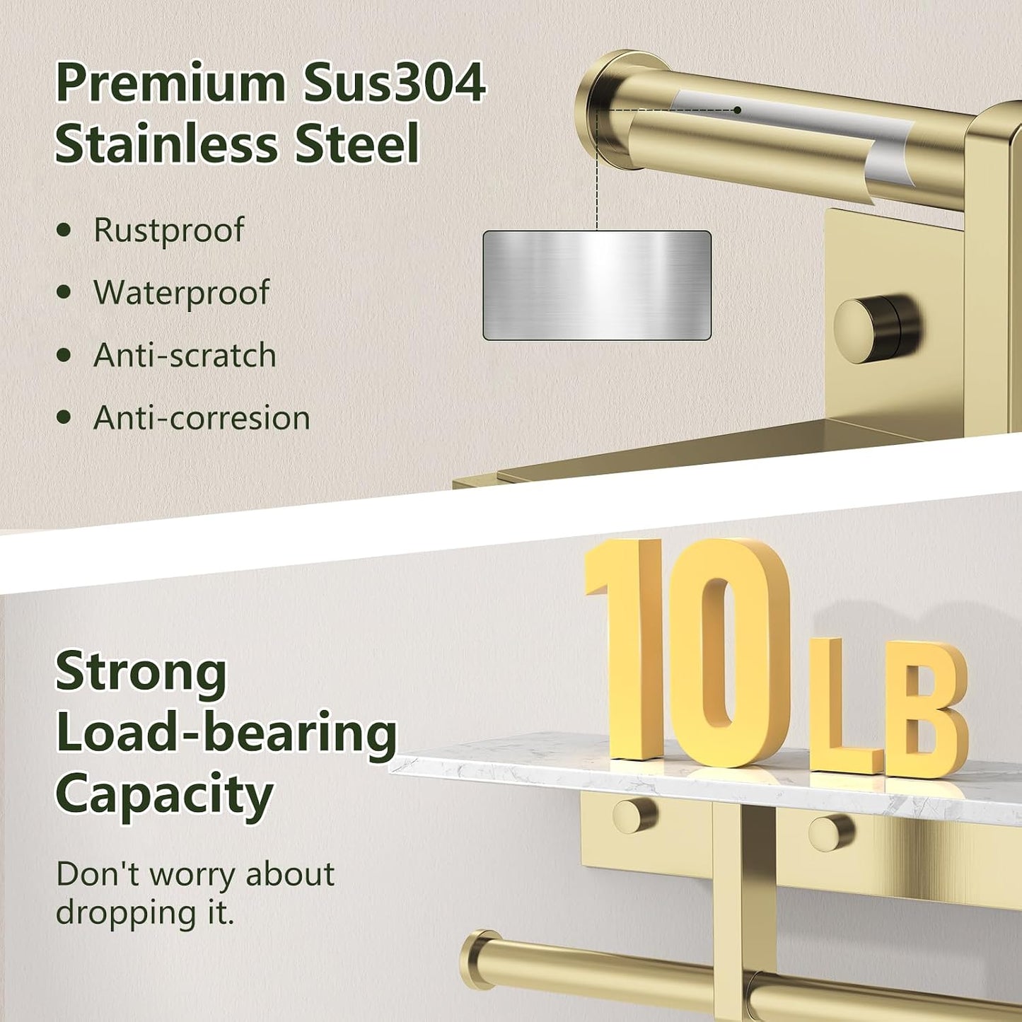 Marble Toilet Paper Holder with Shelf Doulble Bathroom Tissue Roll Holder | Brushed Gold 304 Stainless Steel Toilet