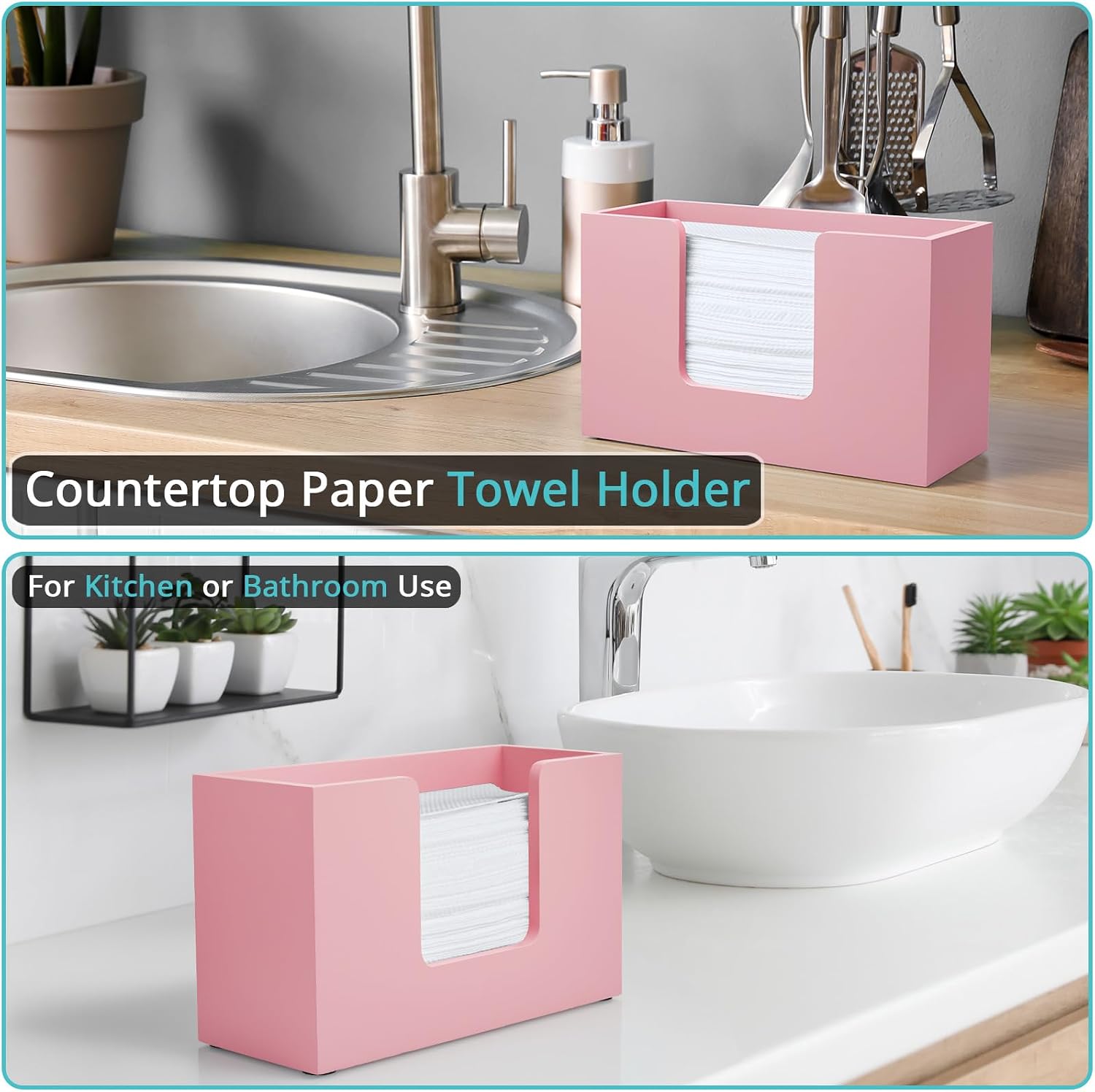 Paper Towel Dispenser Countertop, Wooden Bathroom Paper Towel Holder, Pink Napkin Holder for Kitchen, Countertop