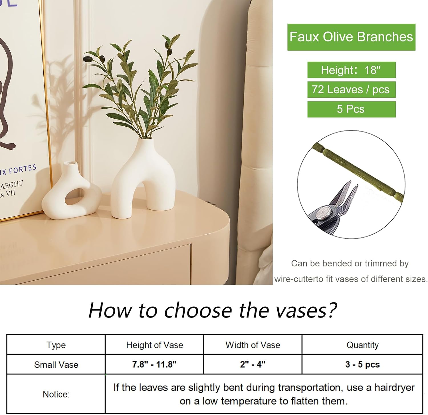 Faux Olive Branches for Vase Fake Plants / Green / Set of 5