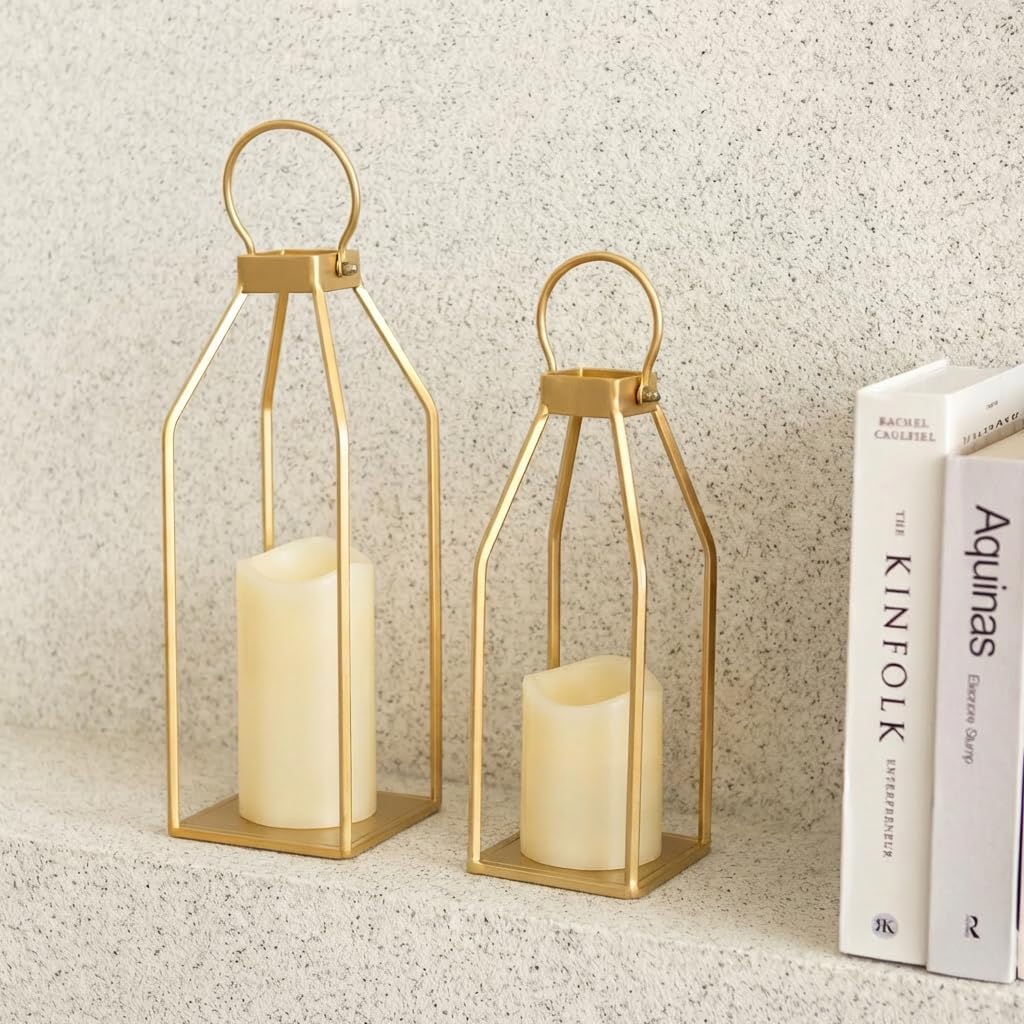 Perfnique Modern Farmhouse Lantern Decor, 15'' 12.6'' Set of 2 Gold Metal Lanterns, 2 LED 6hr Timer Flameless Candles ＆