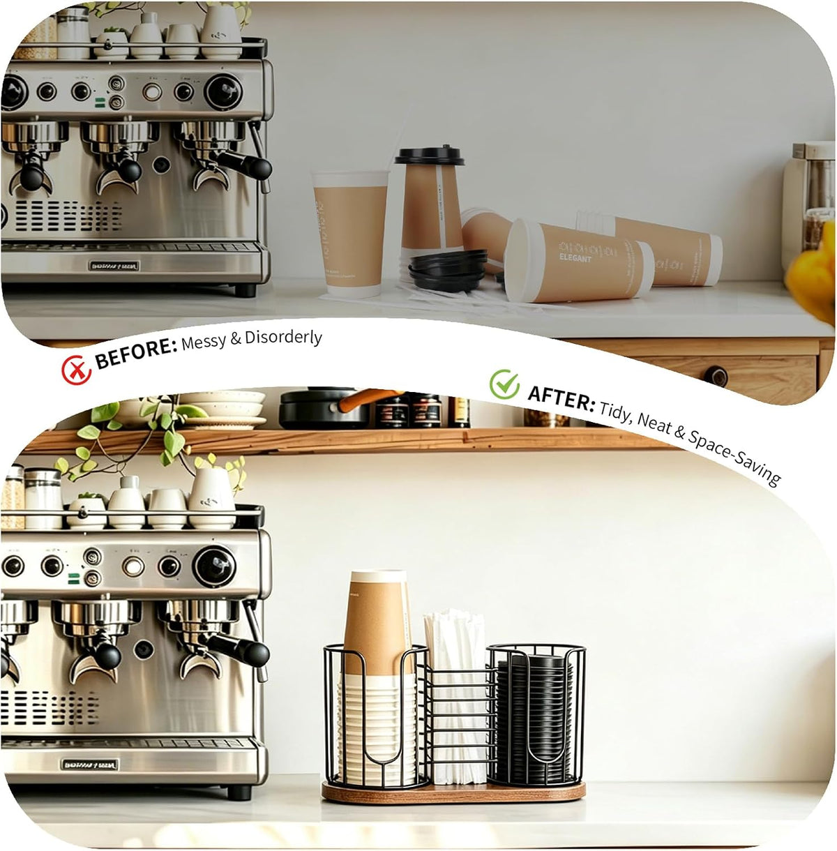 Coffee Cup Holder, 3-in-1 Disposable Cup, Straw & Lid Organizer | Paper Cup Dispenser Rack with Wooden Base, Dispenser