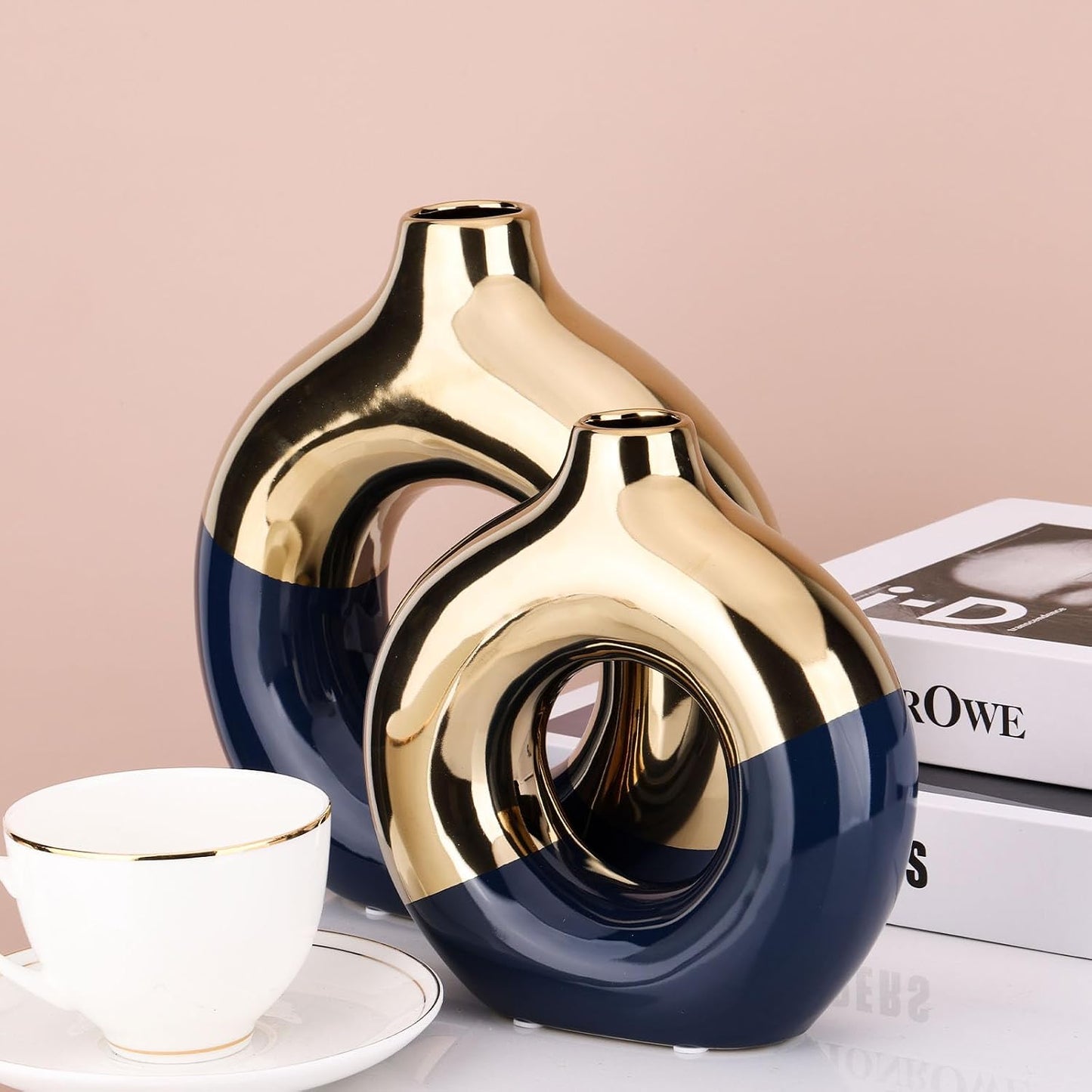 Navy and Gold Ceramic Vase / Blue / Set of 2