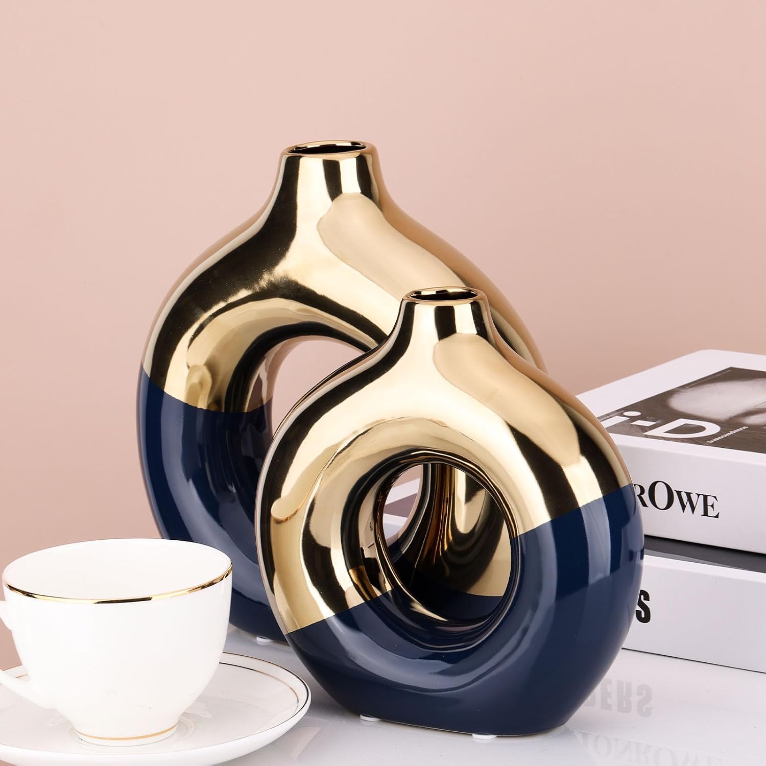 Navy and Gold Ceramic Vase / Blue / Set of 2