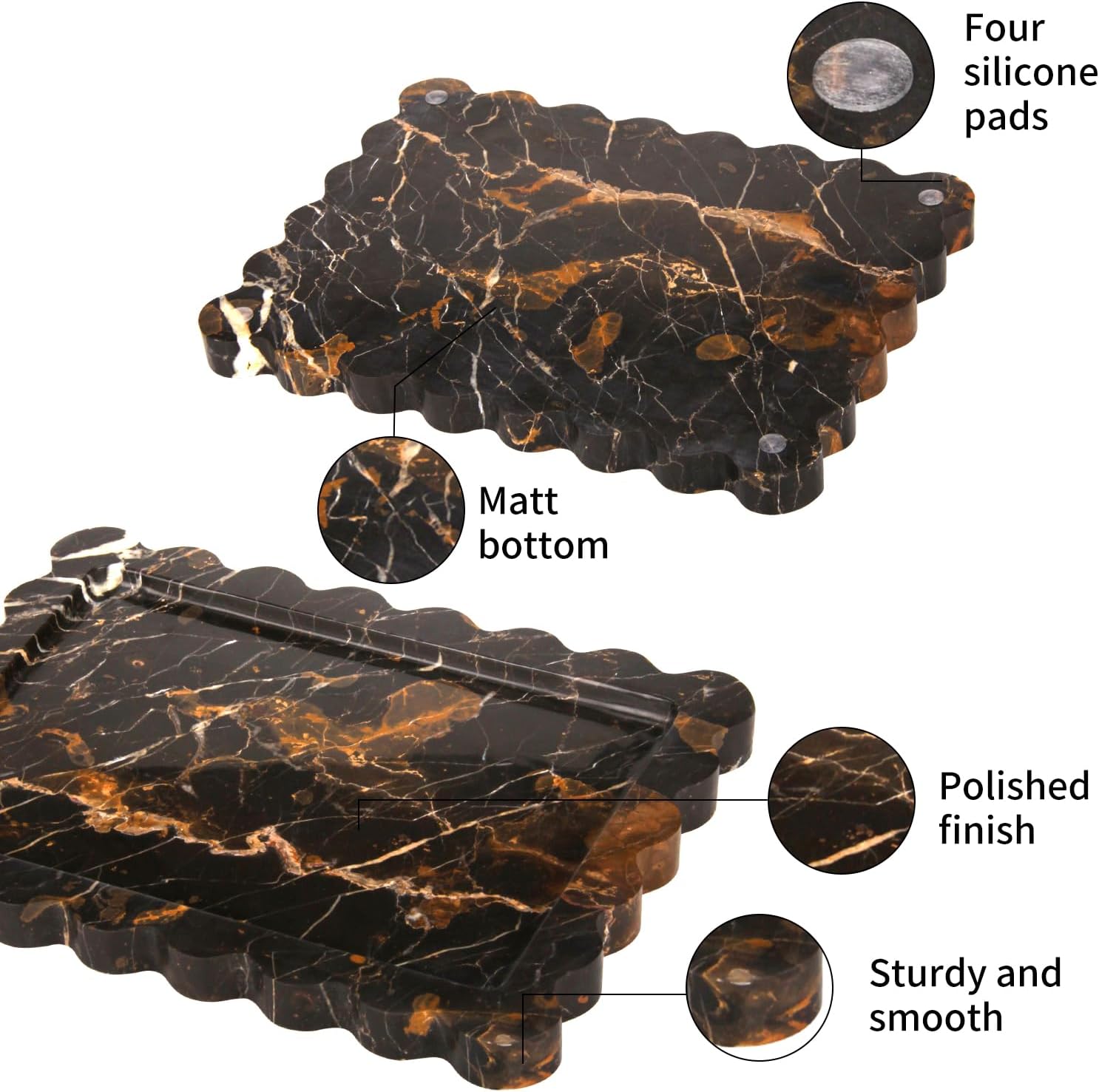 Scalloped Marble Decorative Tray / Black Gold / 10.8 x 8 x 1.2
