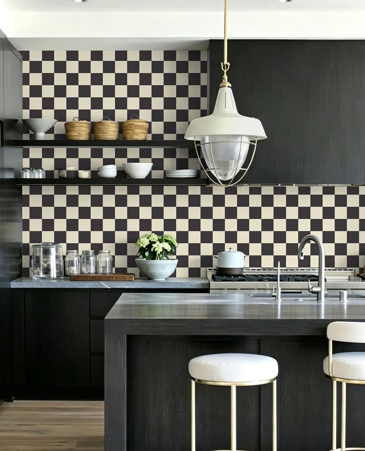 Checkered Wallpaper Black and White Cream Peel and Stick Wallpaper / 17.3 x 393.7 / Black and Cream