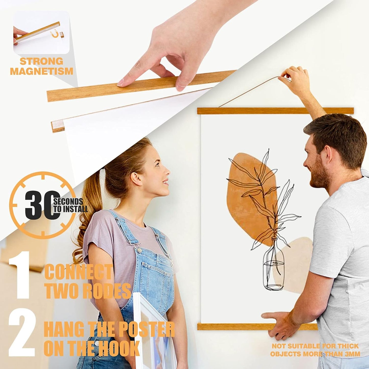 Ywlake Magnetic Poster Hanger, 24x36 24x18 24x32 Poster Frame Wood Wooden Magnet Print Posters Dowel Scroll Hanger