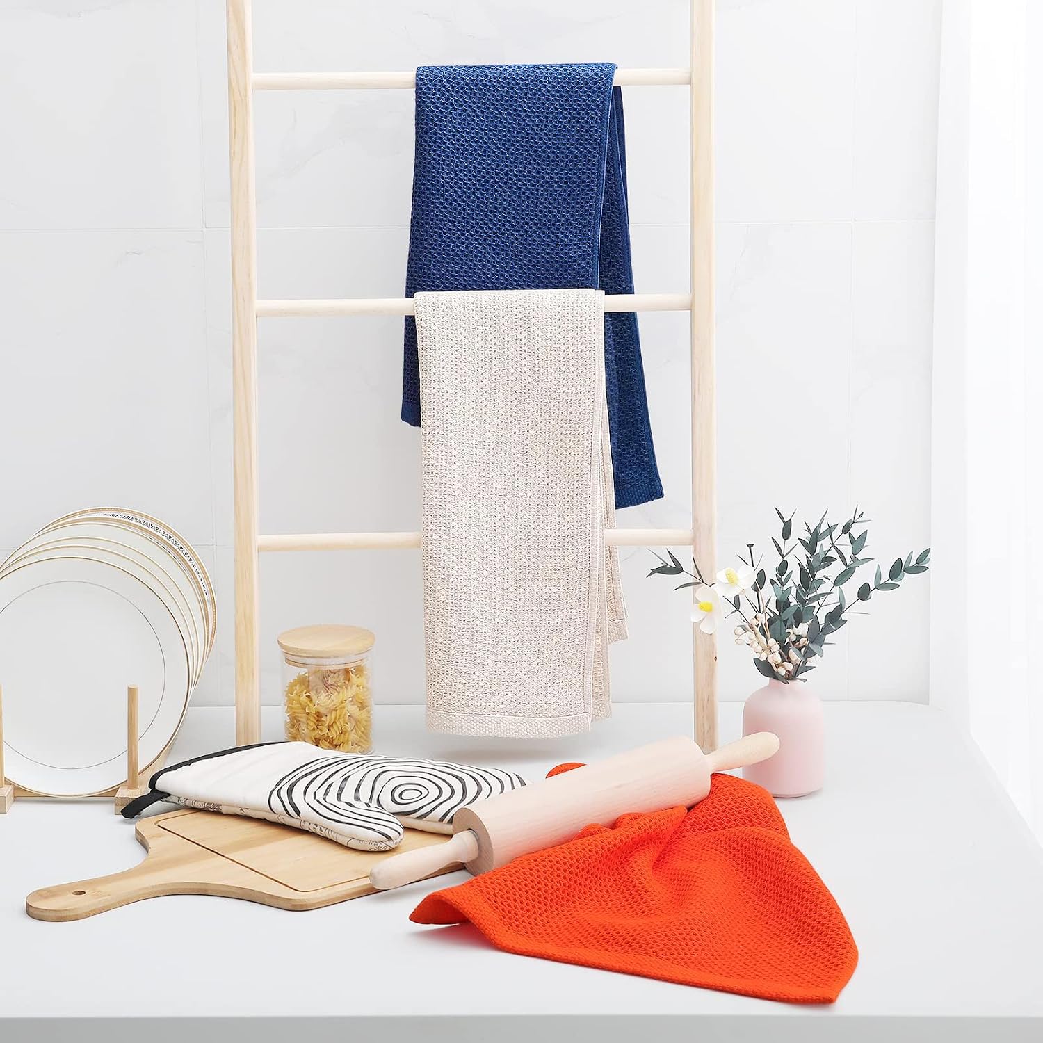 Homaxy 100% Cotton Waffle Weave Kitchen Dish Towels 6-Pack, Navy Blue | 13 x 28 Inches, Ultra Soft Absorbent Dish