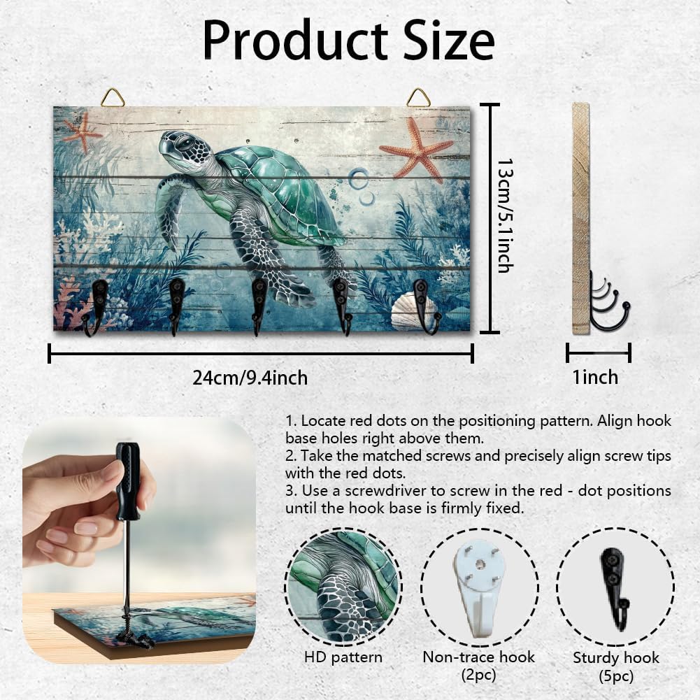 Sea Turtle Ocean Key Holder Key Hooks Organizer Hanger Rack Wall Mounted Wooden Key Rack
