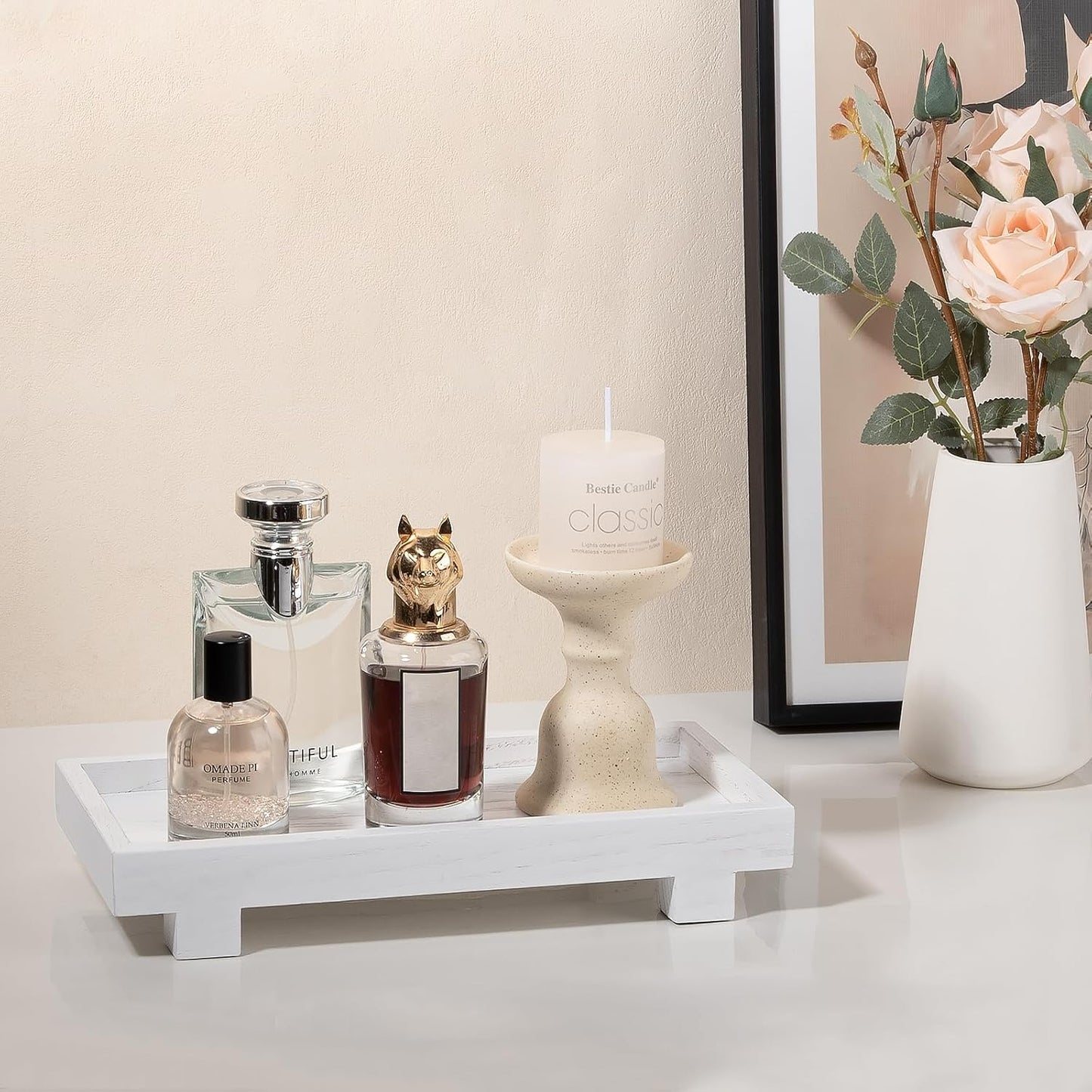 Decorative Tray Small Pedestal Stand Farmhouse Bathroom Decor Wooden / White / 10.8 x 5.3 x 1.7
