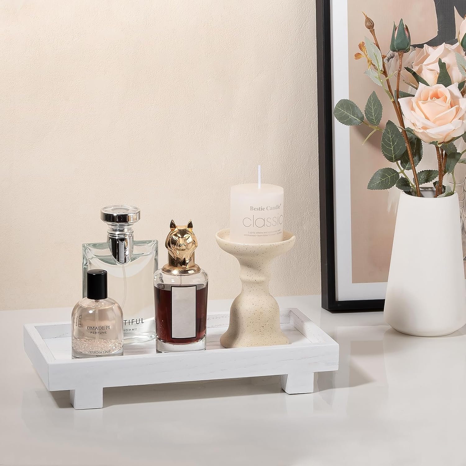 Decorative Tray Small Pedestal Stand Farmhouse Bathroom Decor Wooden / White / 10.8 x 5.3 x 1.7