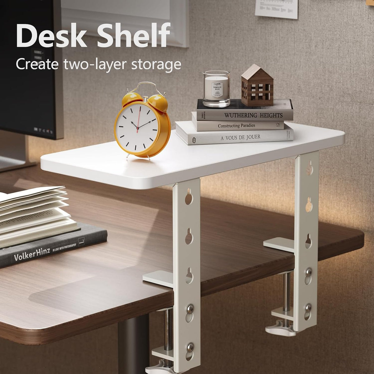 3 in 1 Clamp-on Desk Extender Shelf, 15.7×7.5 Inch, White | Adjustable Desk Riser for Monitor & Keyboard, Heavy-Duty