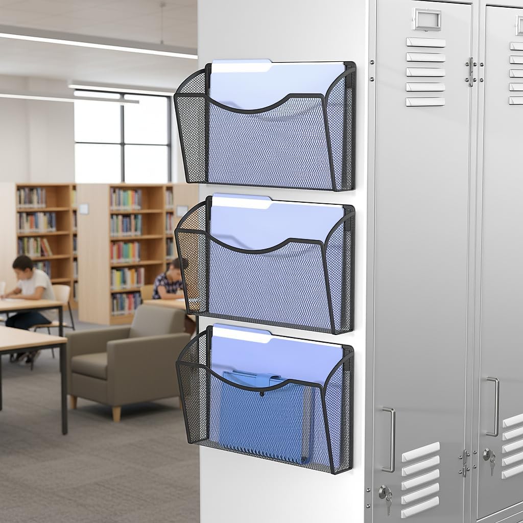 MINDEPOT Magnetic Wall File Organizer, Hanging File Holder, 6 Pack, Black | Heavy Duty Iron, Powerful Magnet, Metal