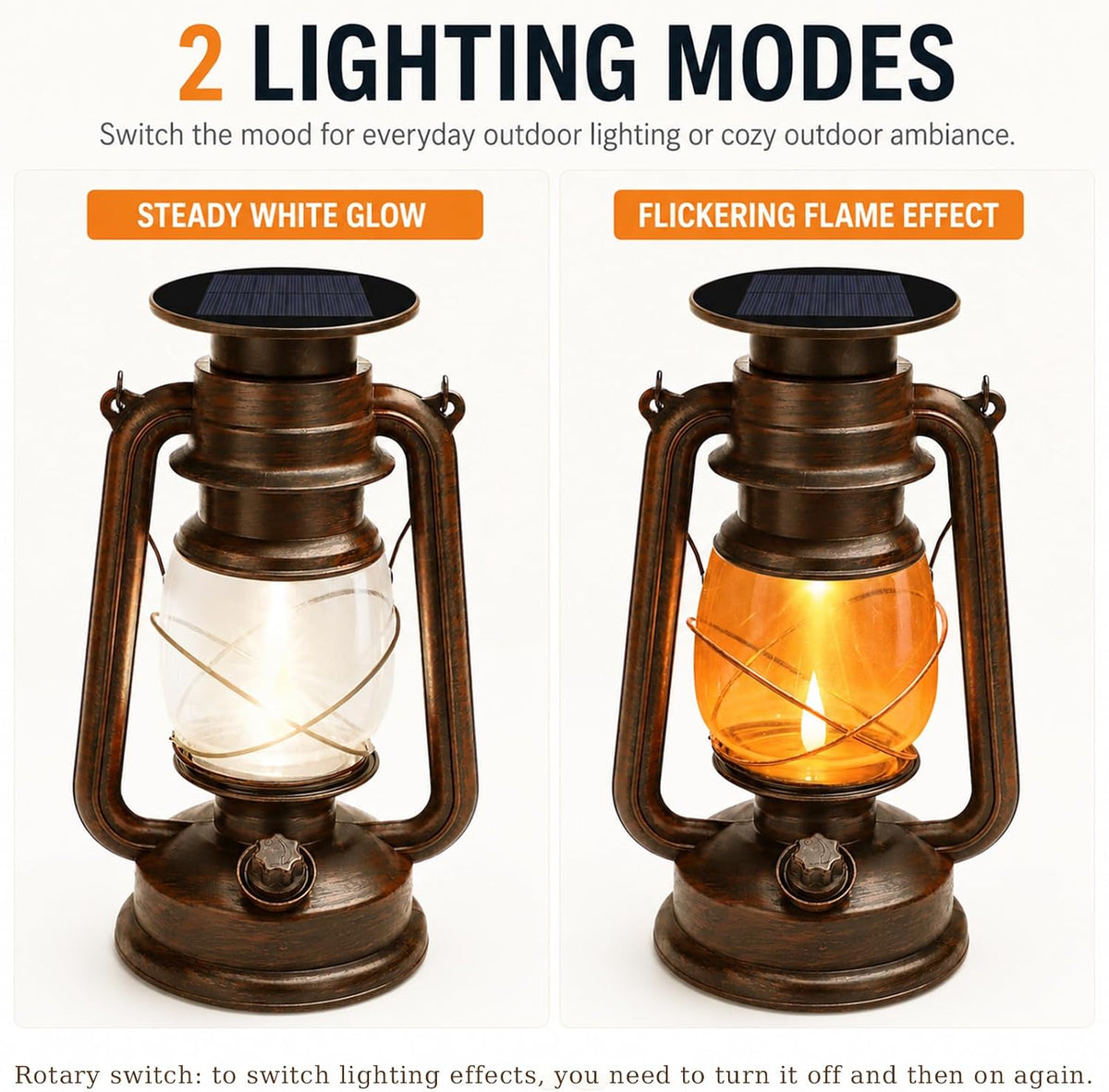 2 Pack Vintage Hanging Solar Lanterns Outdoor, IP65 Waterproof | 2 Modes (Steady & Flickering), Auto On/Off - Rustic