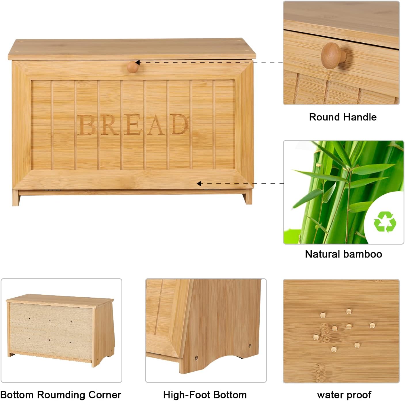 HOMEKOKO Vintage Wooden Bread Box for Kitchen Countertop, Natural Bamboo | Retro Farmhouse Style, Holds 2 Loaves